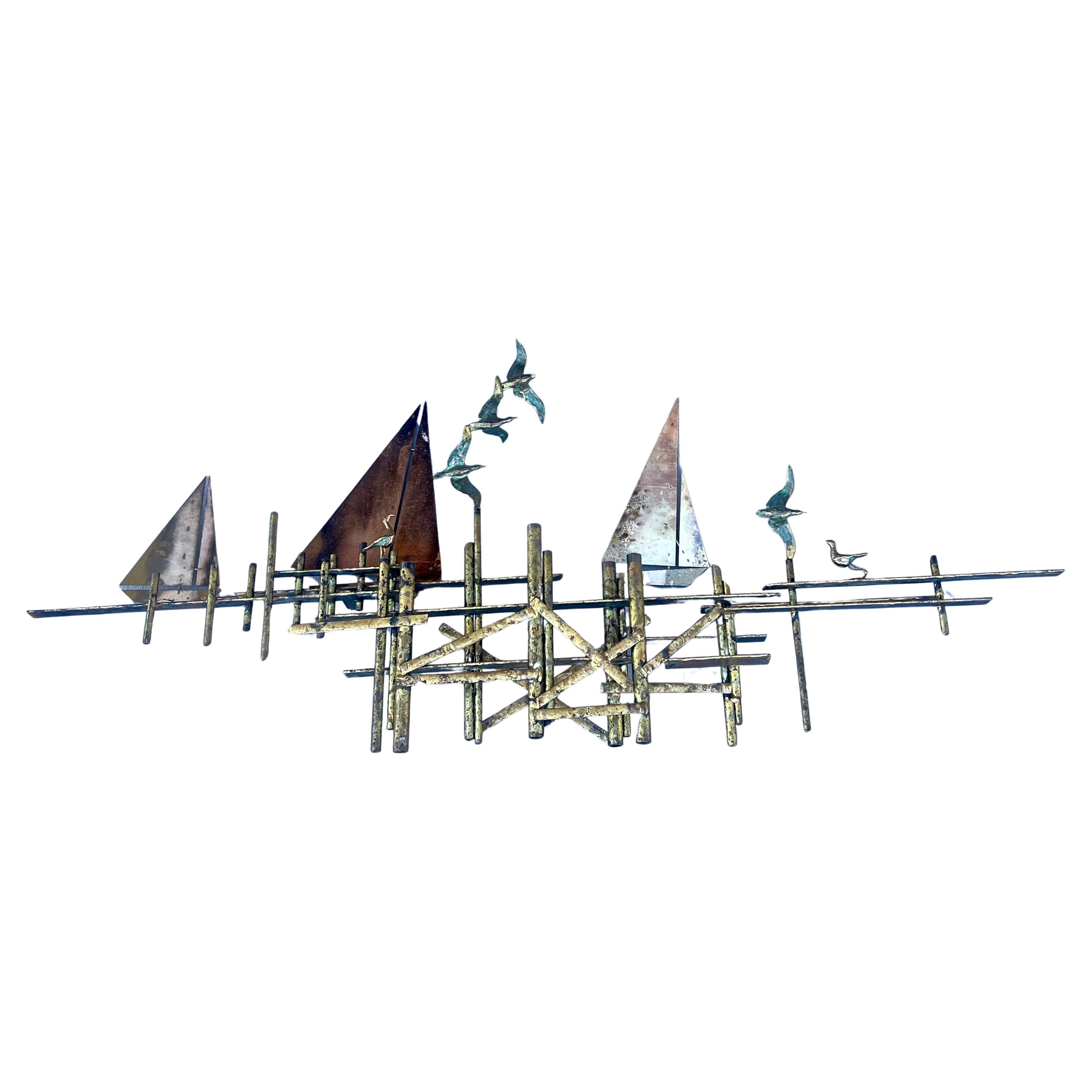 Brass & Bronze Sailboats & Dock Wall Sculpture Signed by Curtis Jere In Excellent Condition For Sale In San Diego, CA