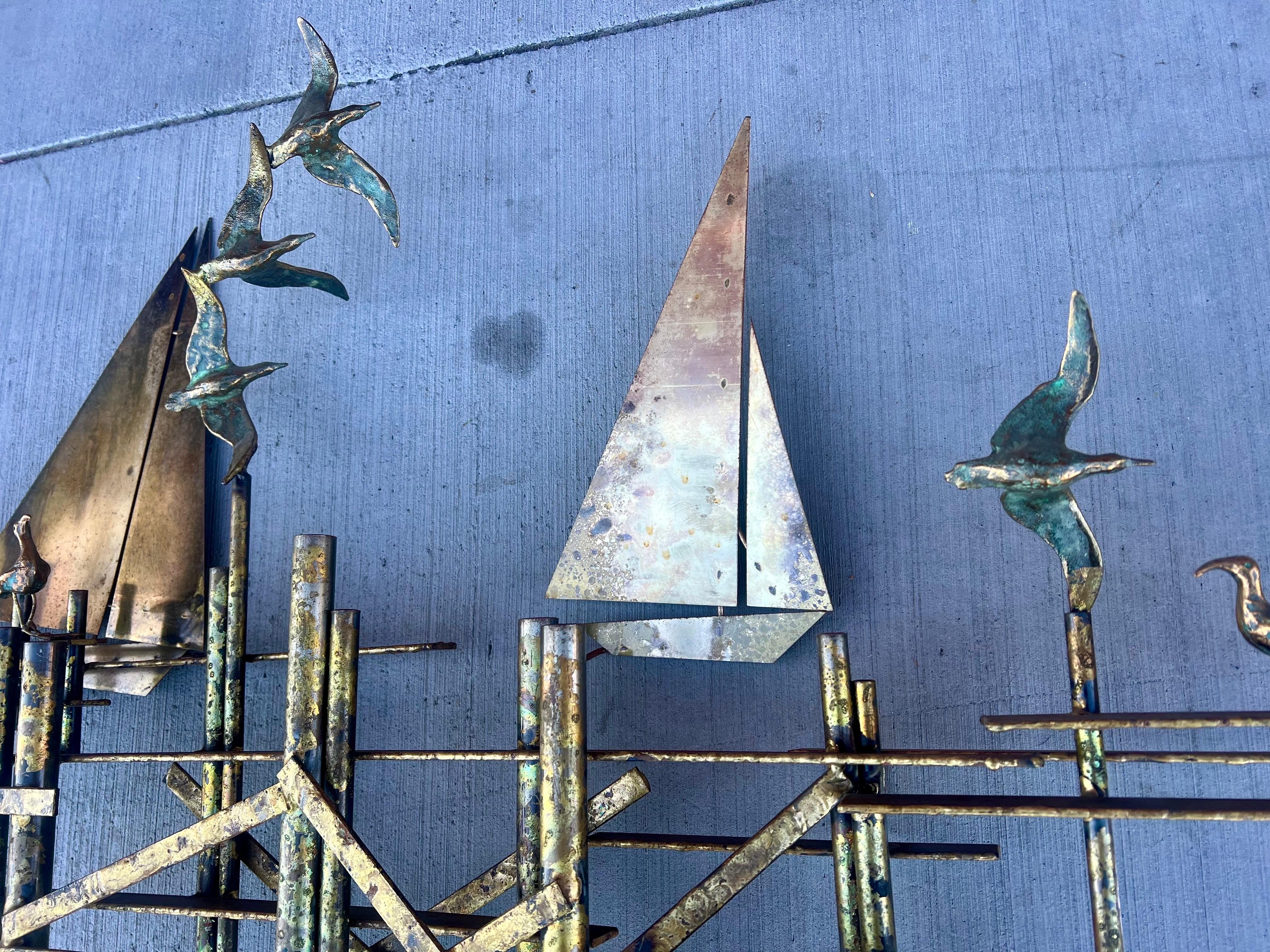 20th Century Brass & Bronze Sailboats & Dock Wall Sculpture Signed by Curtis Jere For Sale