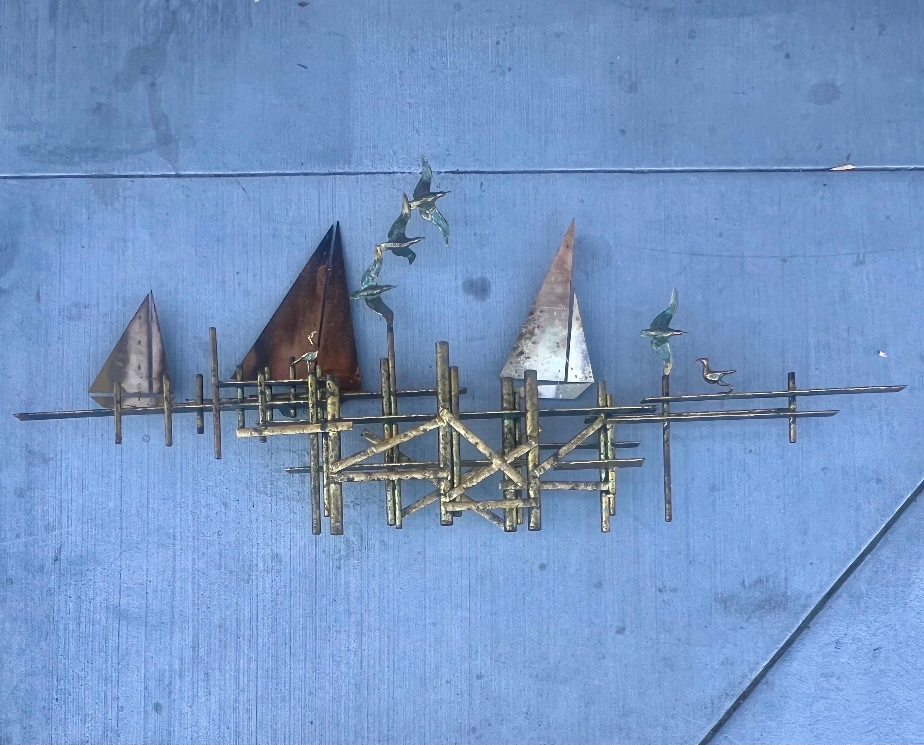 Brass & Bronze Sailboats & Dock Wall Sculpture Signed by Curtis Jere For Sale 1