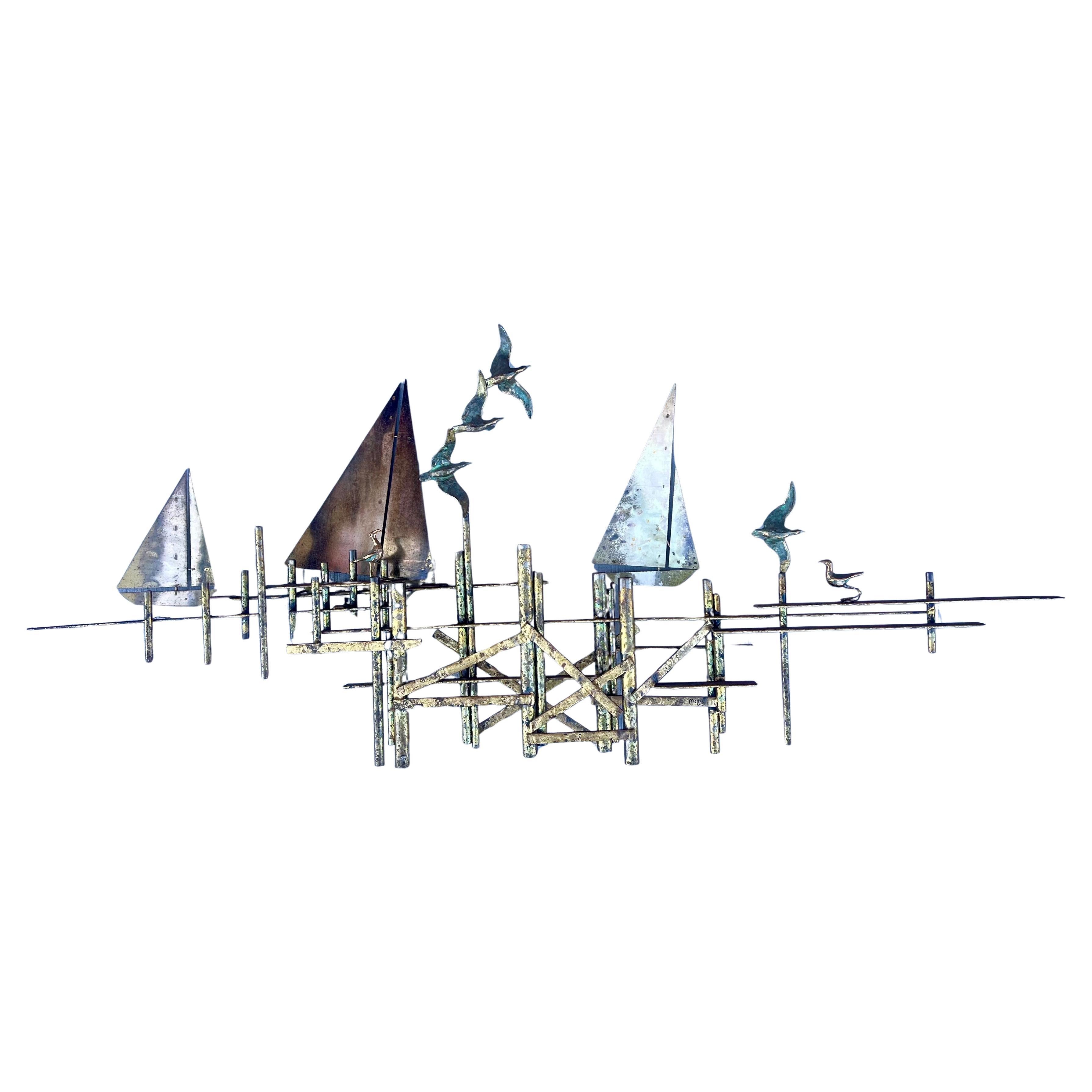 Brass & Bronze Sailboats & Dock Wall Sculpture Signed by Curtis Jere