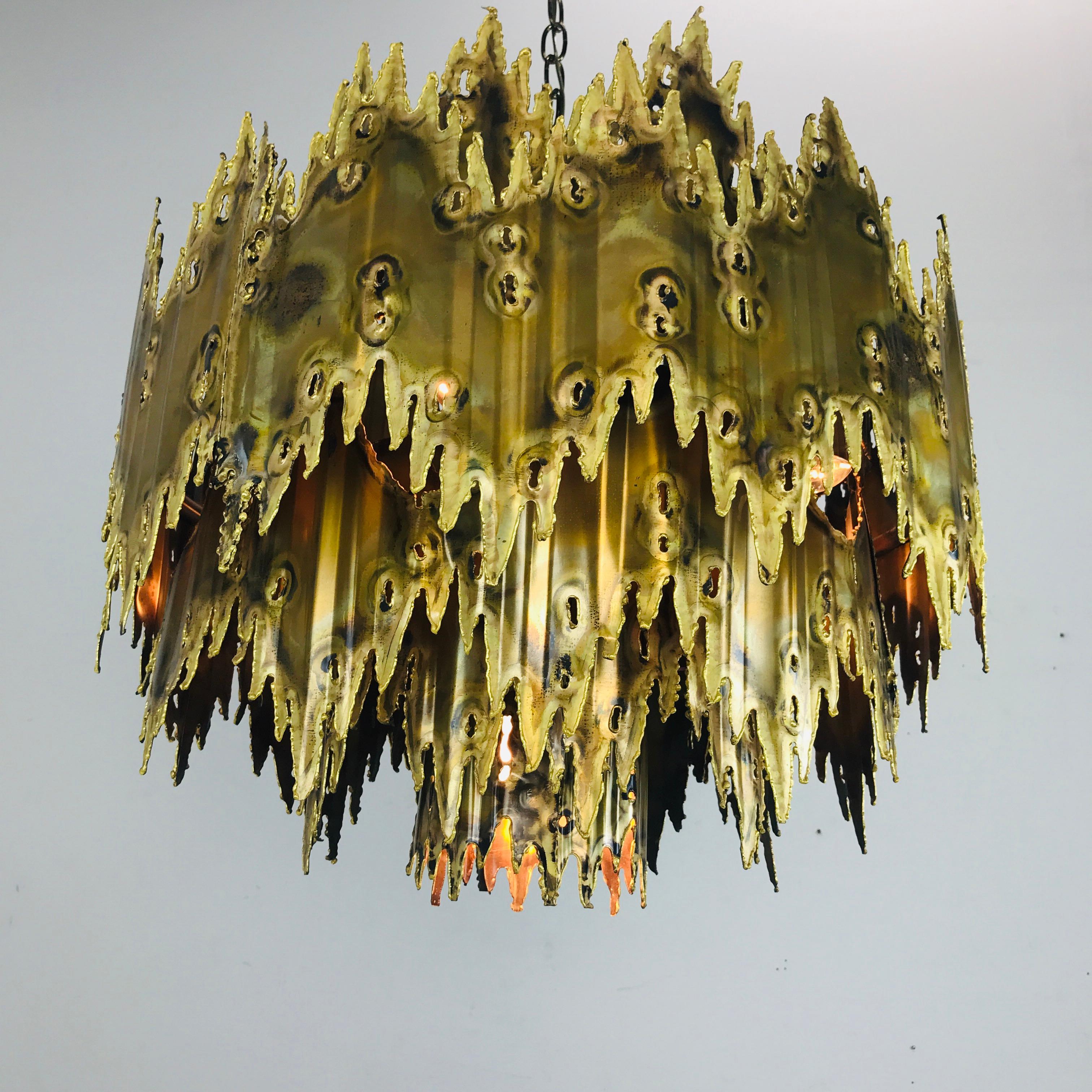 Patinated Brass Brutalist Chandelier by Feldman