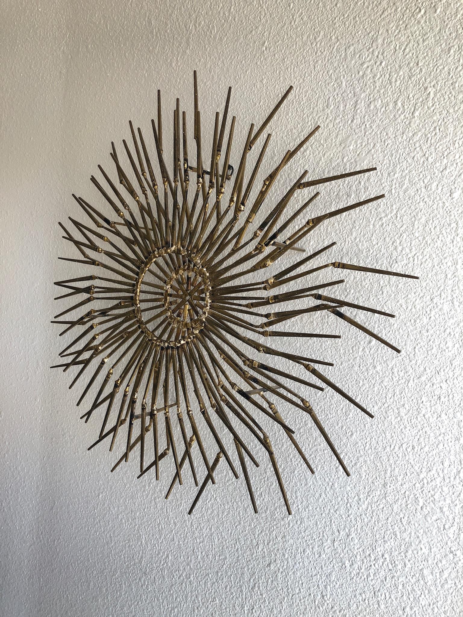 American Brass Brutalist Sunburst Wall Sculpture by William Bowie For Sale