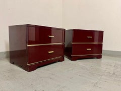 Brass & Burgundy Red Lacquer Pair of Bedside / Side Tables, Italy ca. 1970s