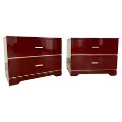 Brass & Burgundy Red Lacquer Pair of Bedside / Side Tables, Italy ca. 1970s