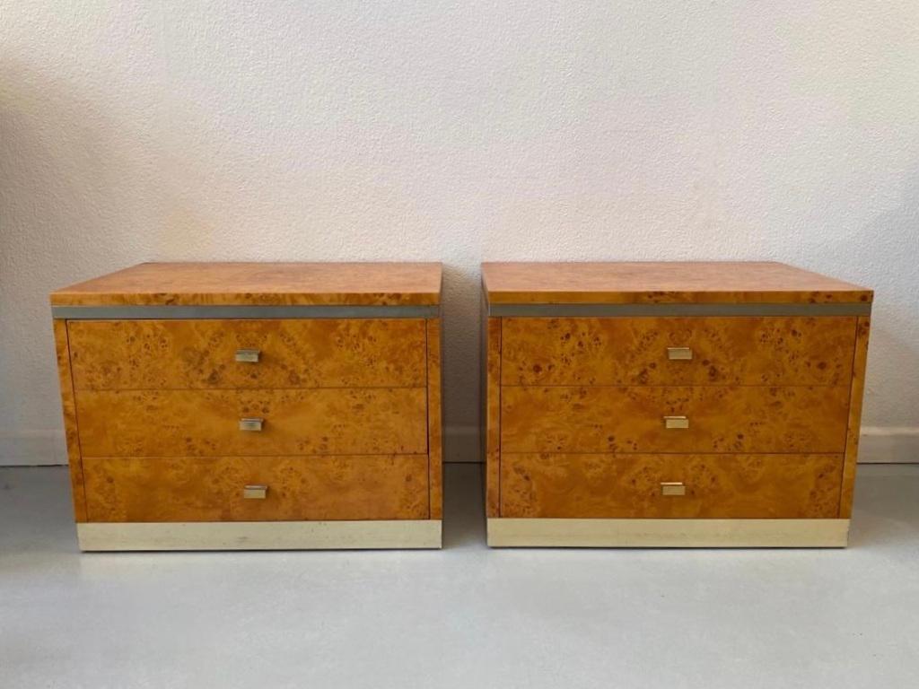 Brass & Burl Wood Paire of Bedside Tables by Jean Claude Mahey, France 1970s 4