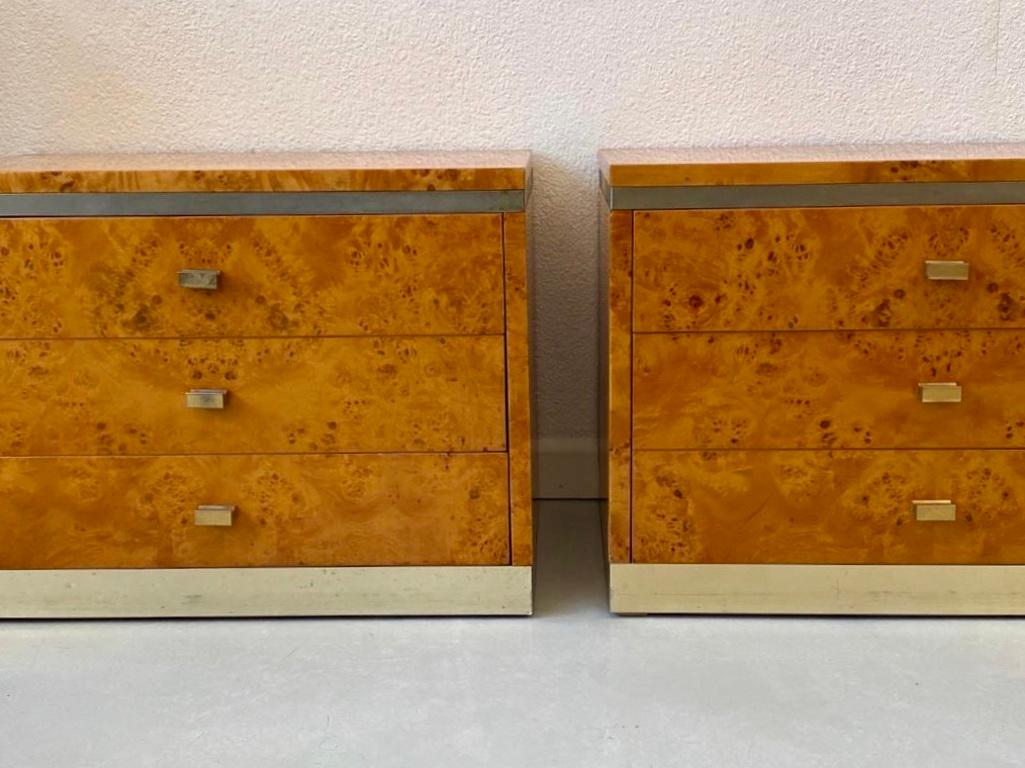 Brass & Burl Wood Paire of Bedside Tables by Jean Claude Mahey, France 1970s 5