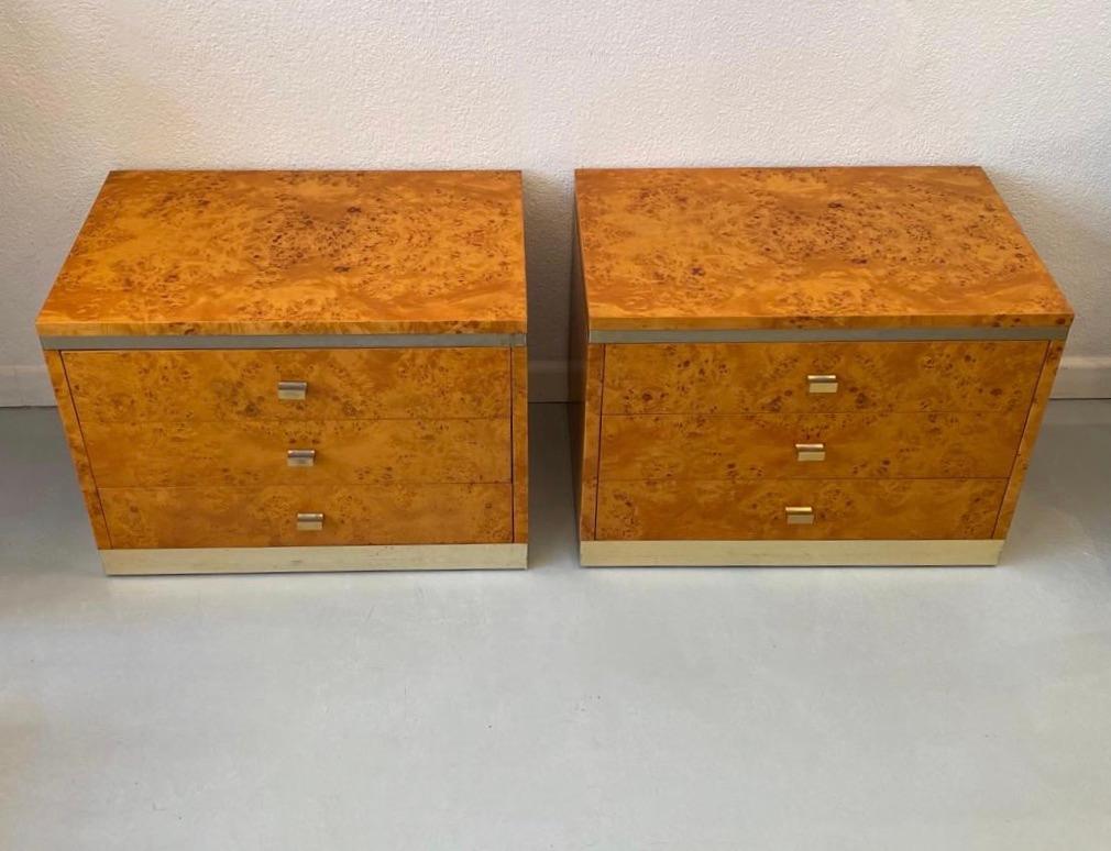 Paire of Nightstands or bedside tables by Jean Claude Mahey, France ca. 1970s 
Burl wood and brass, 3 drawers on each
Very good condition
Measures: L 60 x D 40 x H 43 cm.
 