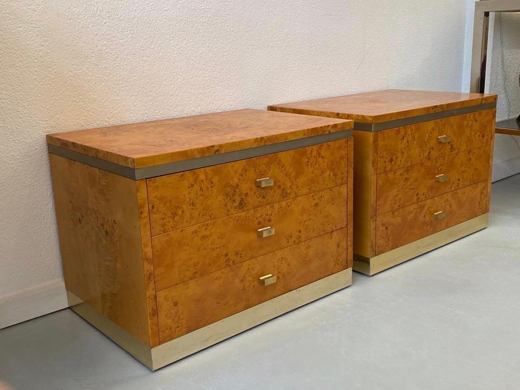 French Brass & Burl Wood Paire of Bedside Tables by Jean Claude Mahey, France 1970s