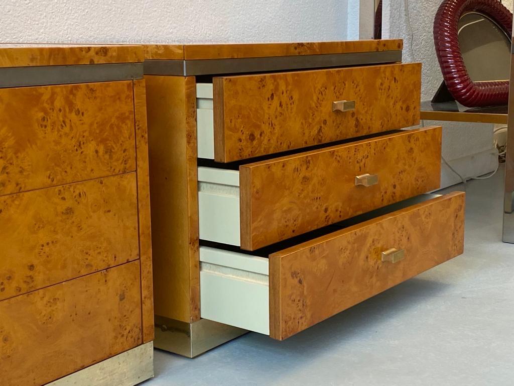 Late 20th Century Brass & Burl Wood Paire of Bedside Tables by Jean Claude Mahey, France 1970s