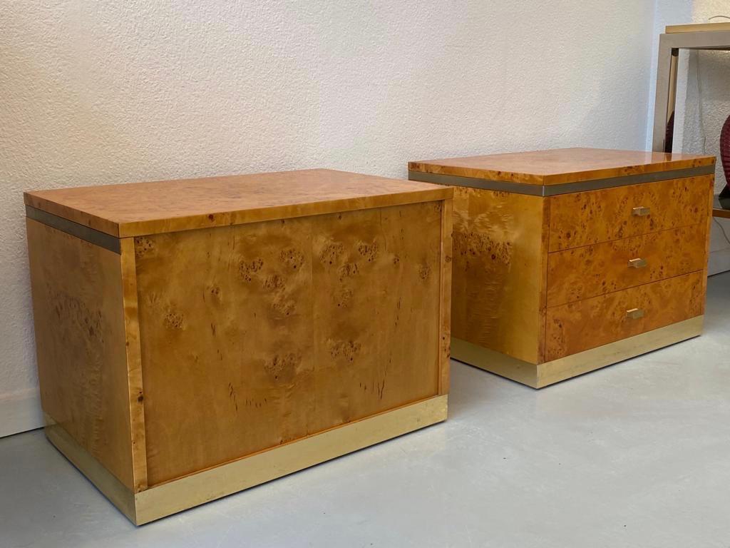 Brass & Burl Wood Paire of Bedside Tables by Jean Claude Mahey, France 1970s 2