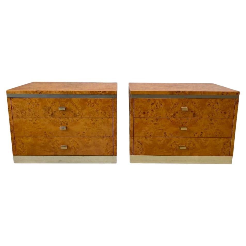 Brass & Burl Wood Paire of Bedside Tables by Jean Claude Mahey, France 1970s