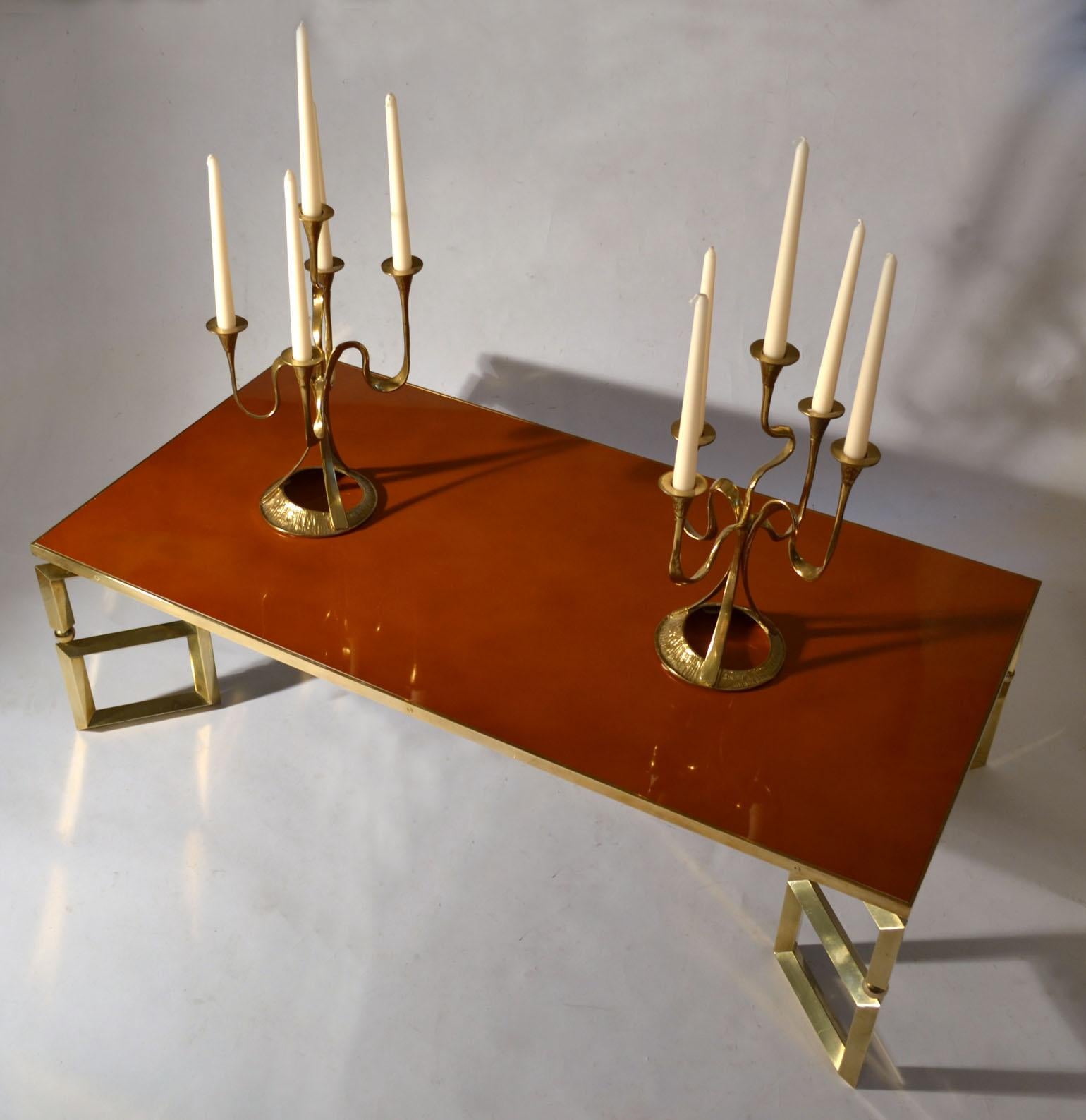 Lacquered Brass and Burned Orange Coffee Table Guy Lefevre for Maison Jansen