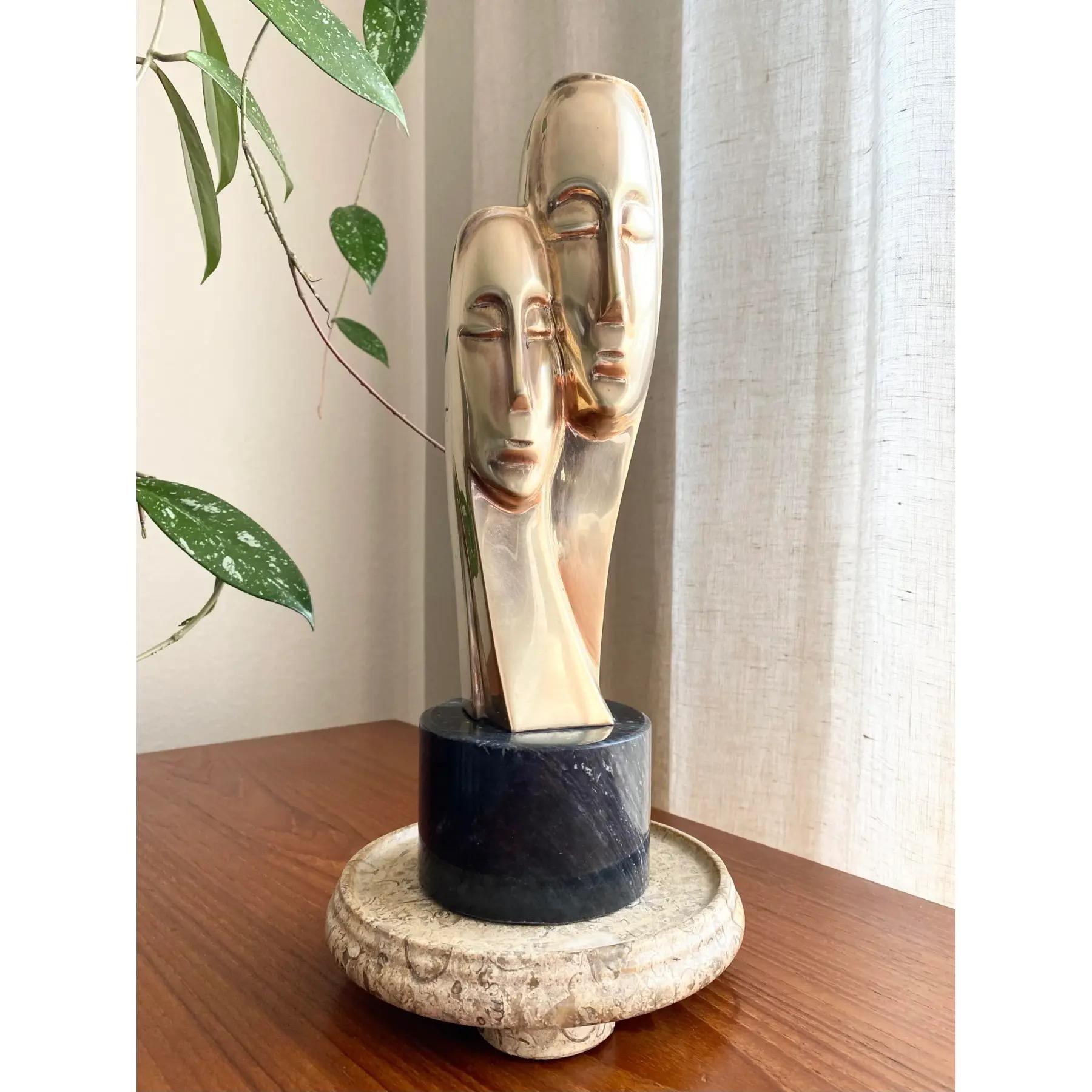 Brass Bust of Two Figures on Marble Base For Sale 4