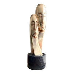 Brass Bust of Two Figures on Marble Base, Modigliani Style, 1980s