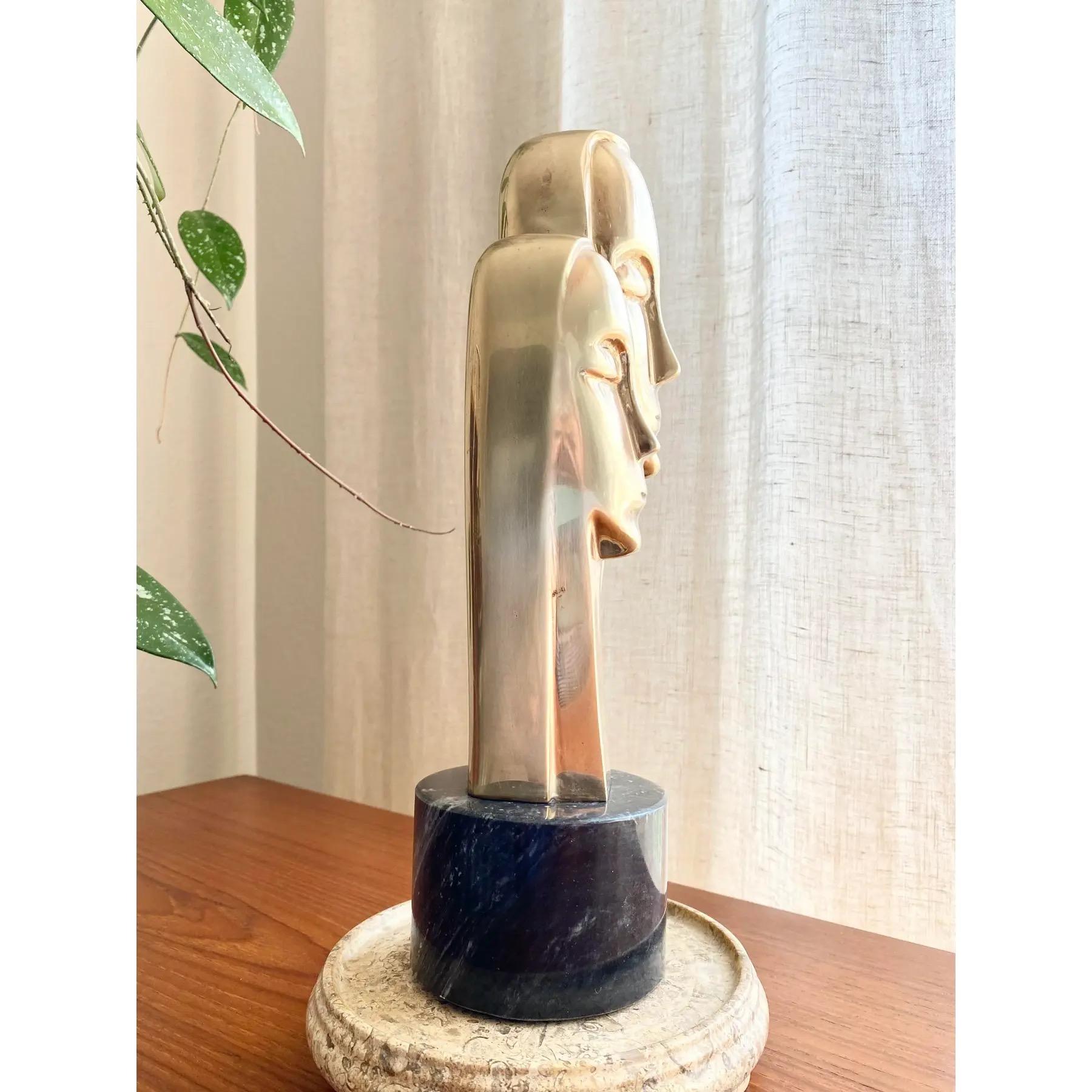20th Century Brass Bust of Two Figures on Marble Base For Sale