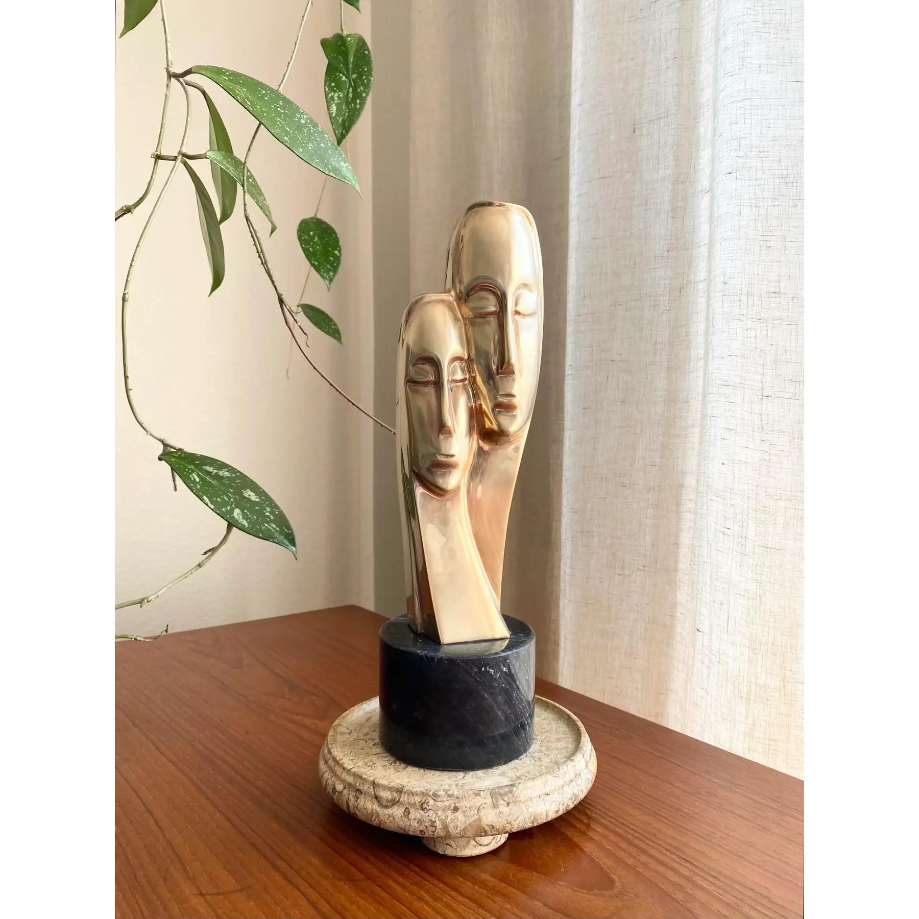 Brass Bust of Two Figures on Marble Base For Sale 1