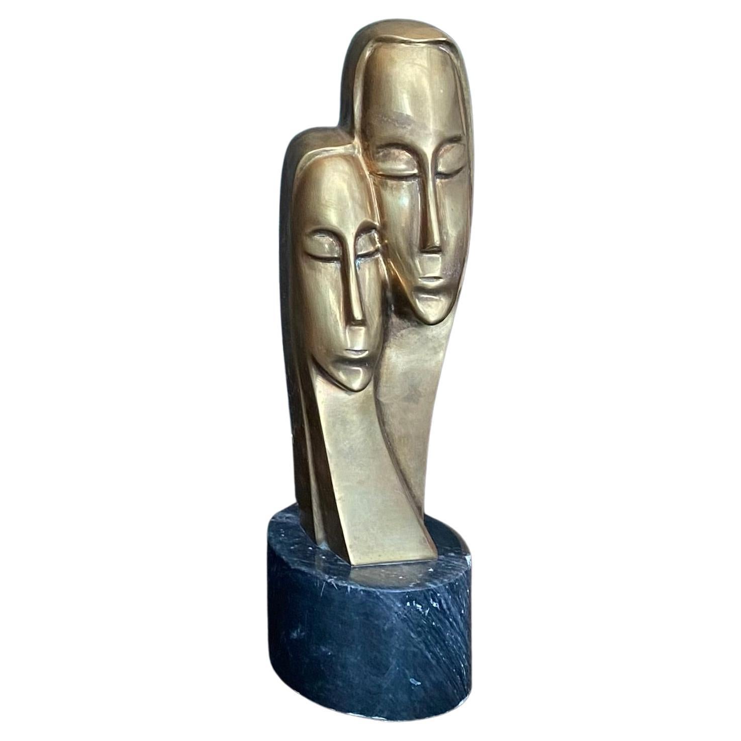 Brass Bust of Two Figures on Marble Base For Sale