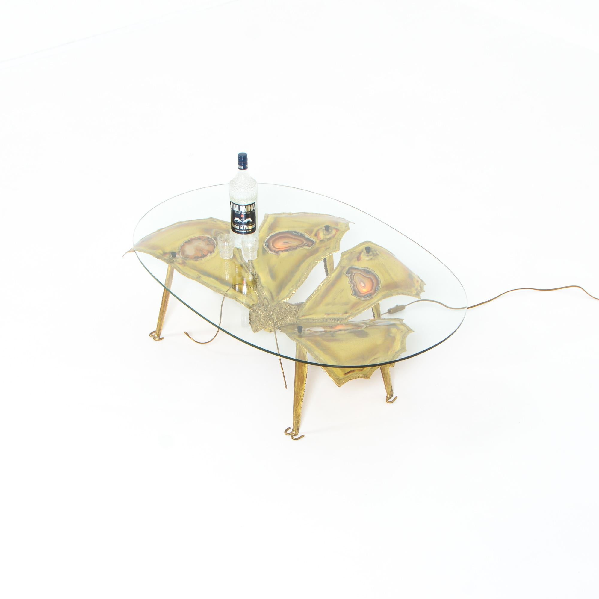This brass Butterfly light sculpture and coffee table was designed by Henri Fernandez.
Henri Fernandez, born in 1946, is a French sculptor. His creations are unique pieces made by hand. He combines steel, copper, brass and minerals, such as agate