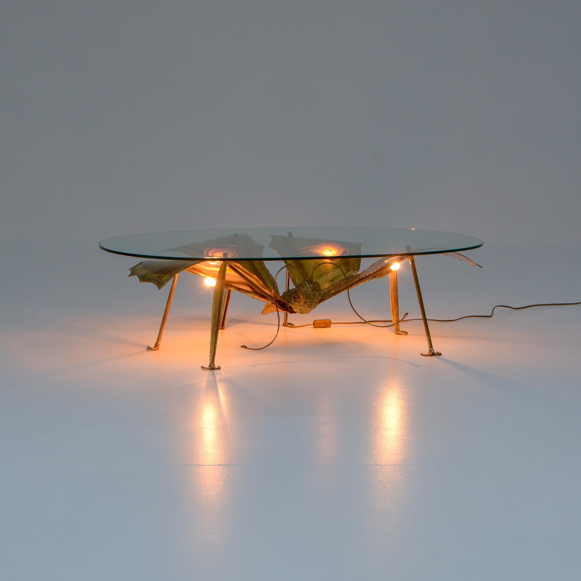 Brass Butterfly Light Sculpture and Coffee Table by Henri Fernandez for Jacques In Good Condition In Vlimmeren, BE