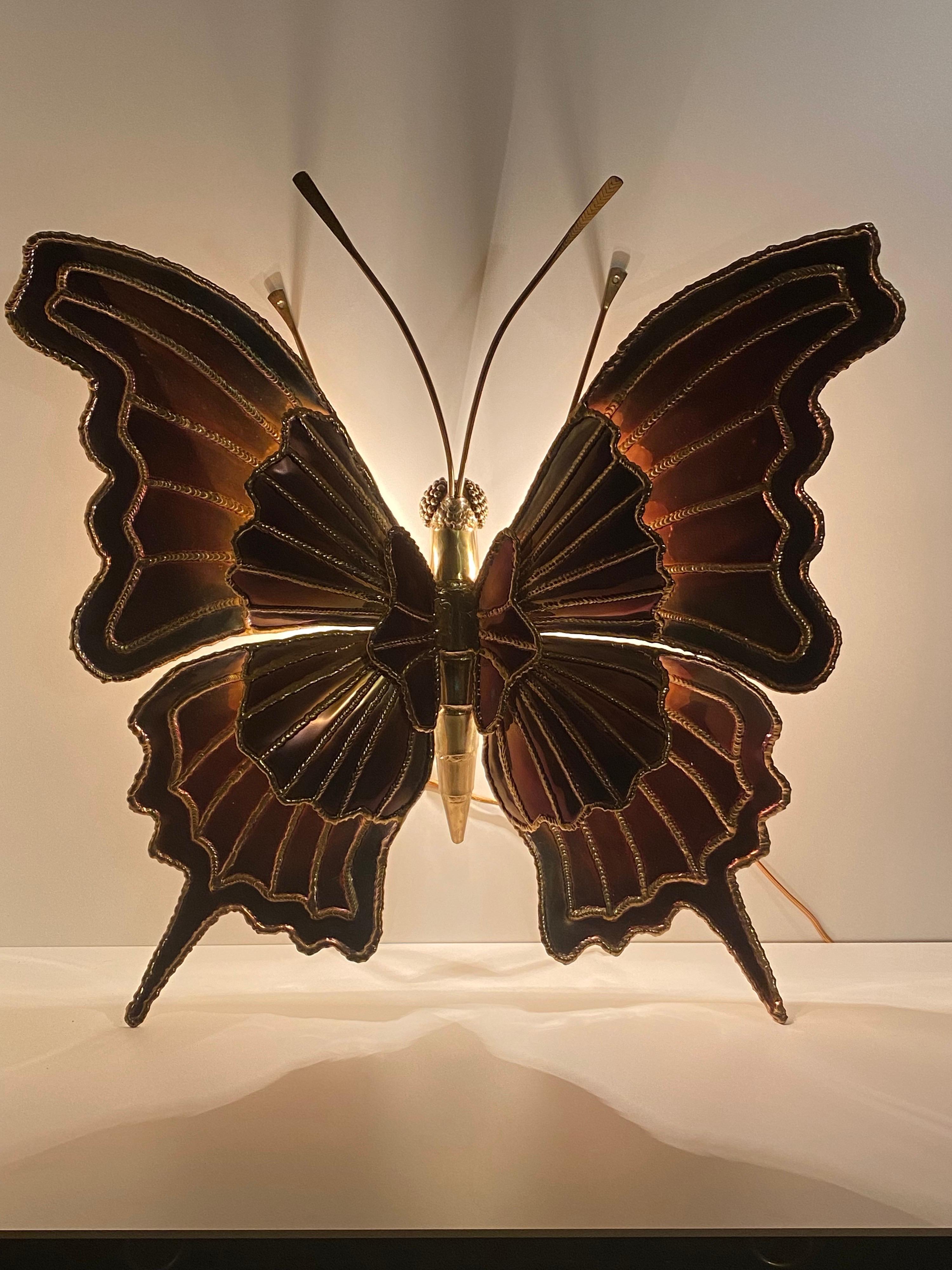 Brass butterfly sconce attributed to Henri Fernandez. Requires four E14 base up to 40watt bulbs ( included ) Can be hard wired to the wall or just screwed on the wall.
