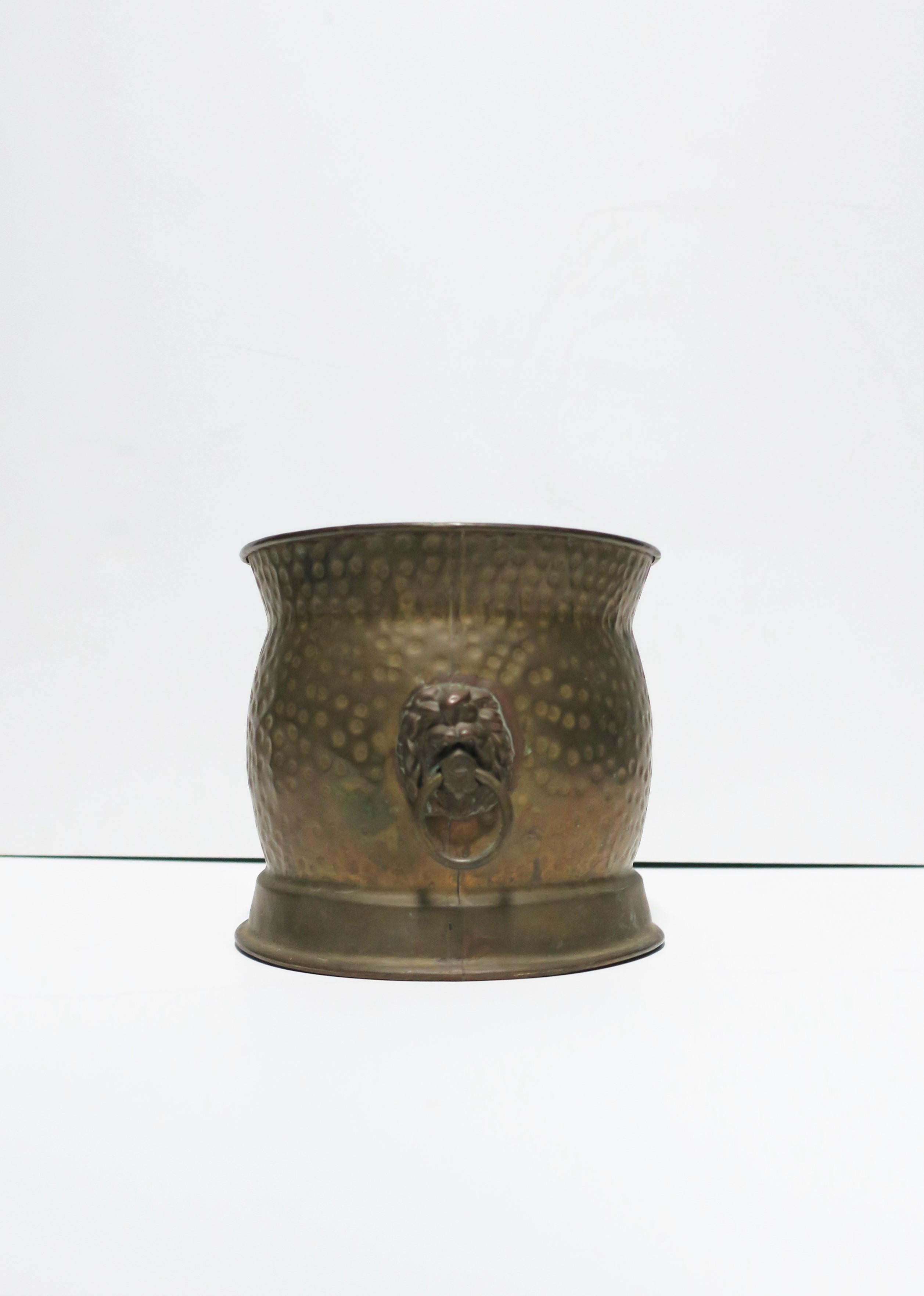 English Brass Plant Pot Holder Cachepot with Lion Head Detail, ca. 20th c.  In Good Condition In New York, NY