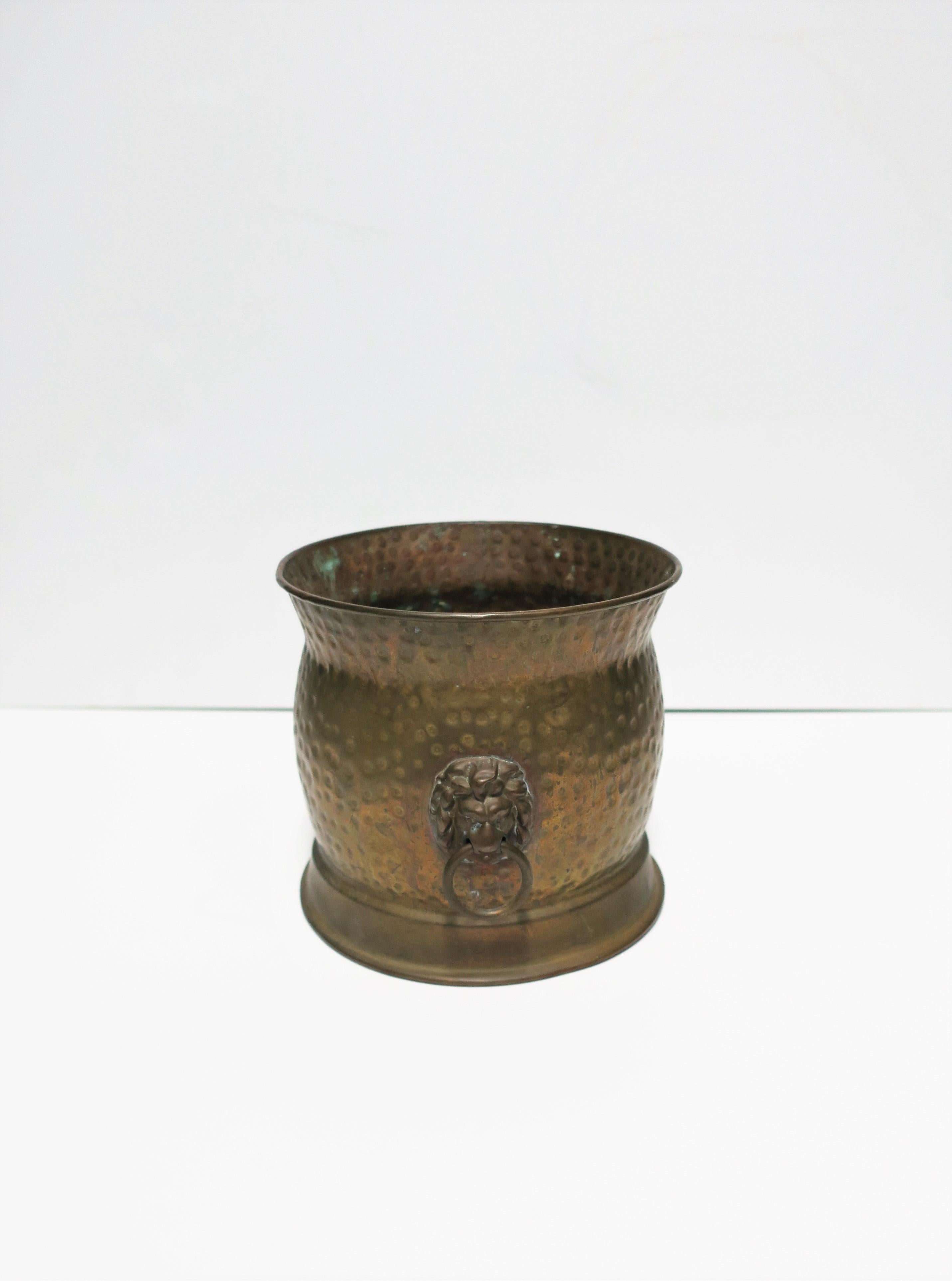 English Brass Plant Pot Holder Cachepot with Lion Head Detail, ca. 20th c.  1