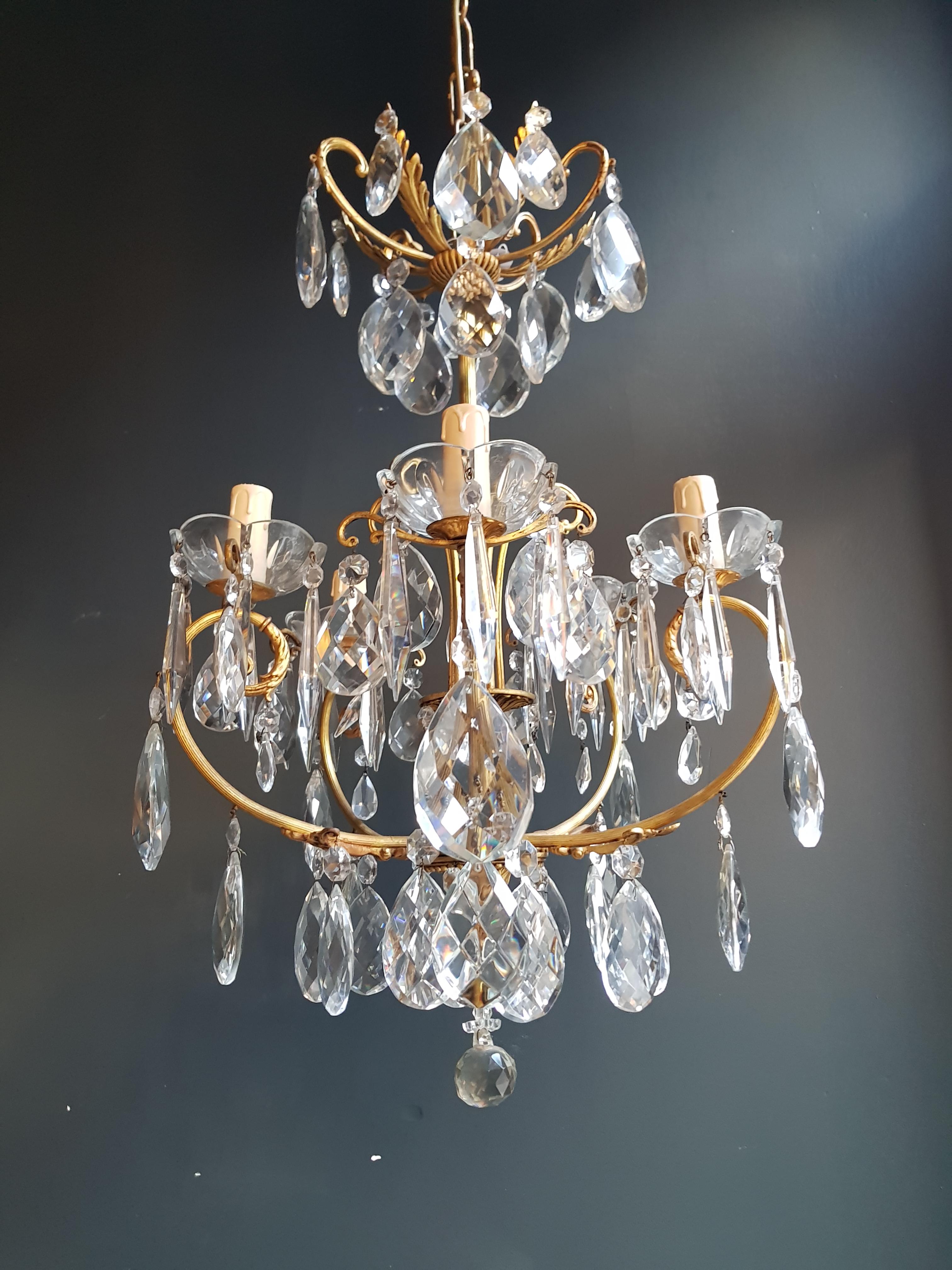 Brass cage crystal chandelier antique ceiling lamp lustre Art Nouveau

Measures: Total height 120 cm, height without chain 70 cm, diameter 43 cm. Weight (approximately): 7kg.

Number of lights: Five-light bulb sockets: E14 material: Brass,