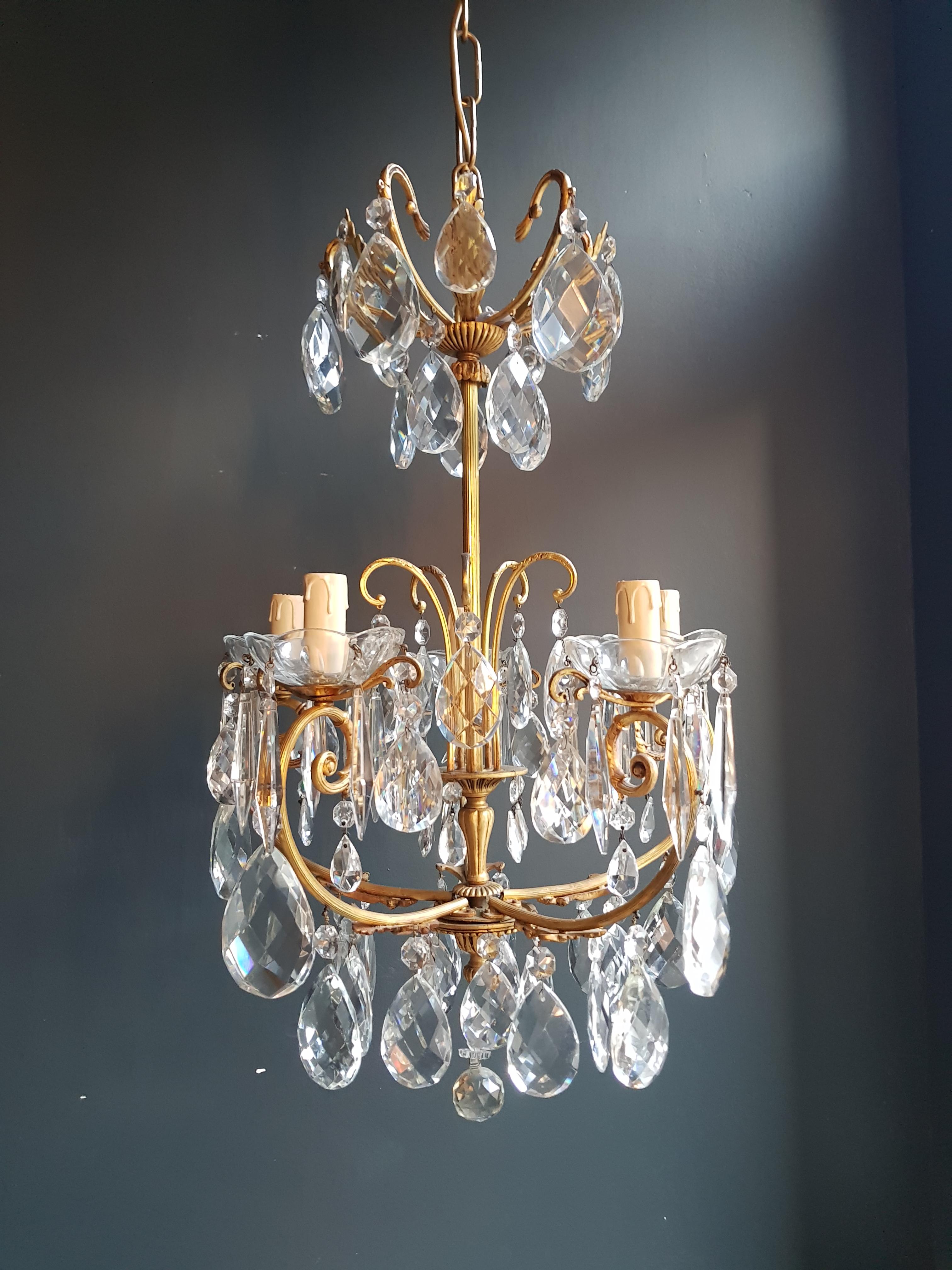 European Brass Cage Crystal Chandelier Antique Ceiling Lamp Lustre Art Nouveau