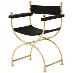 Brass Campaign Chair Upholstered in Black Cowhide