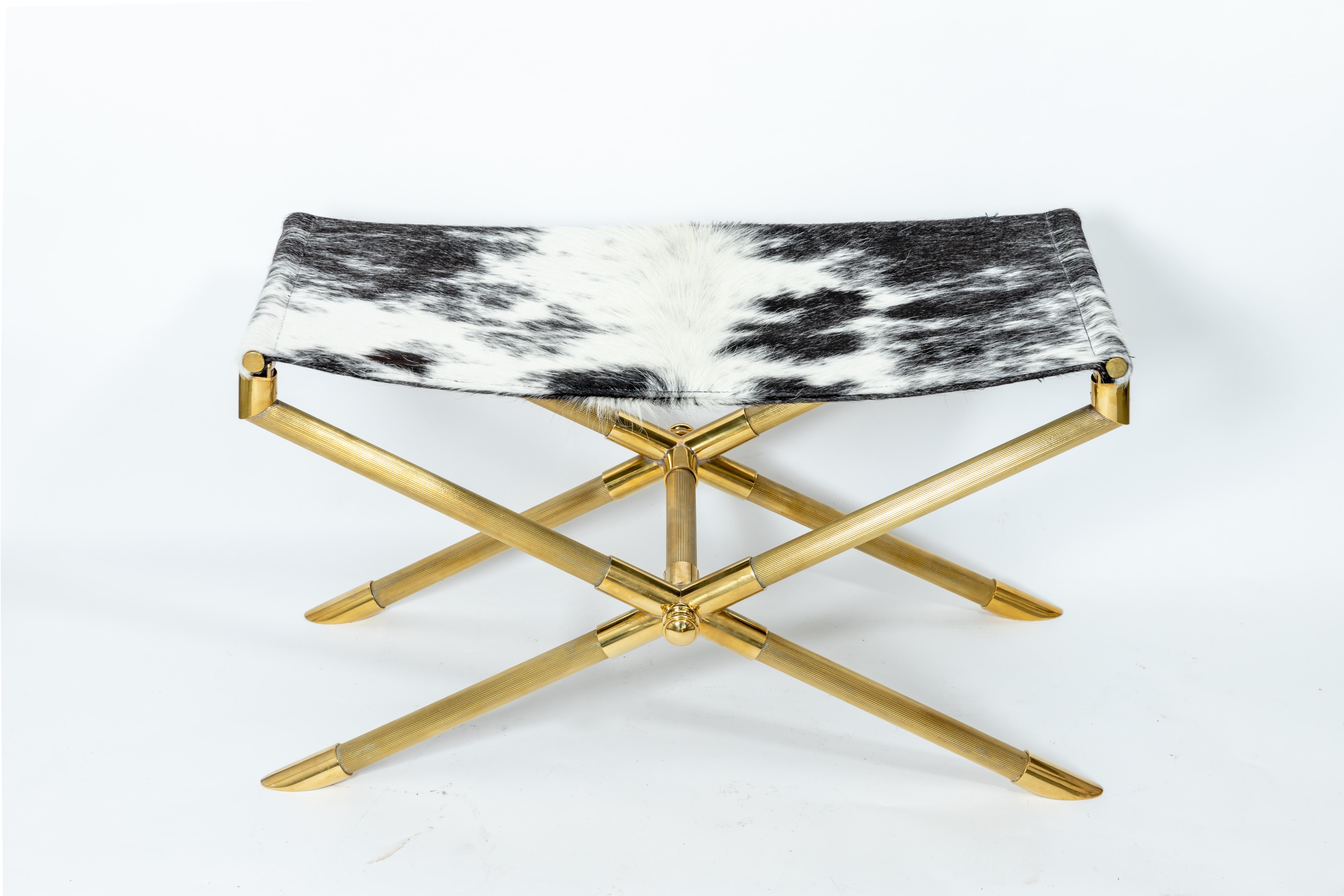 Mid-Century Modern Brass Campaign Style Bench with Cowhide Strap Seat For Sale