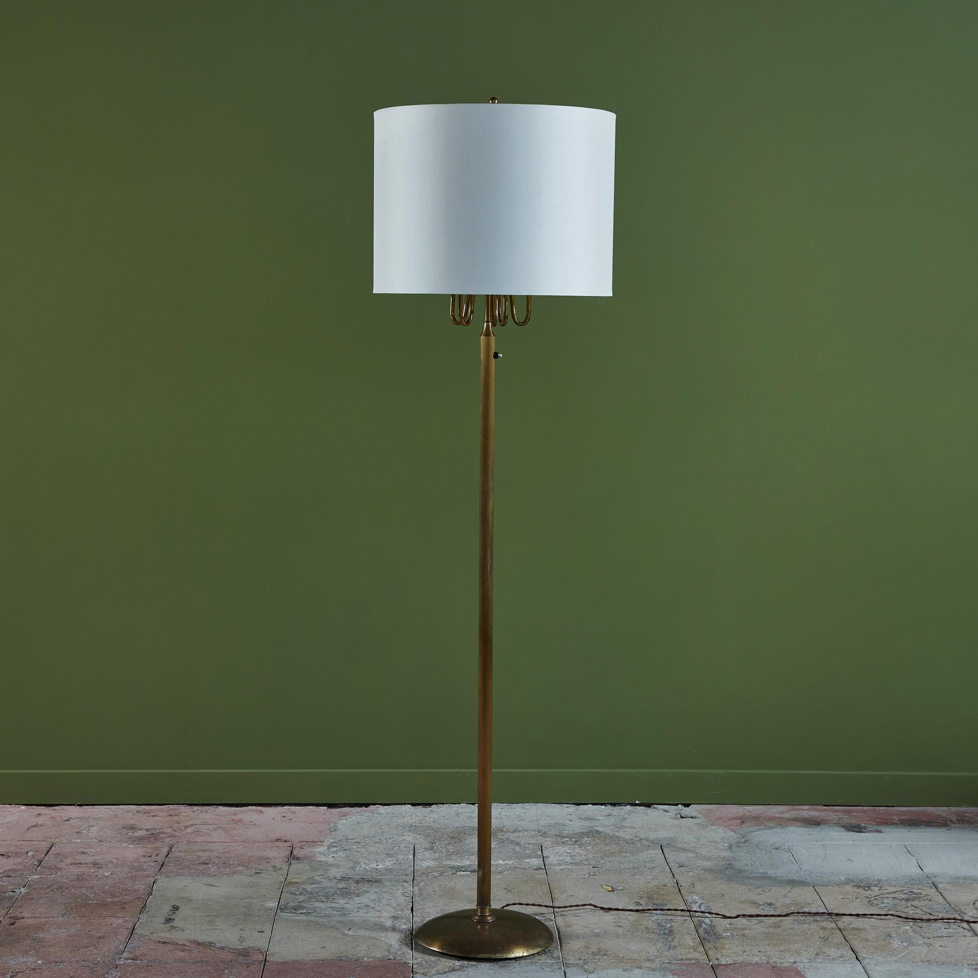 Mid-Century Modern Brass Candelabra Floor Lamp with Silk Shade For Sale