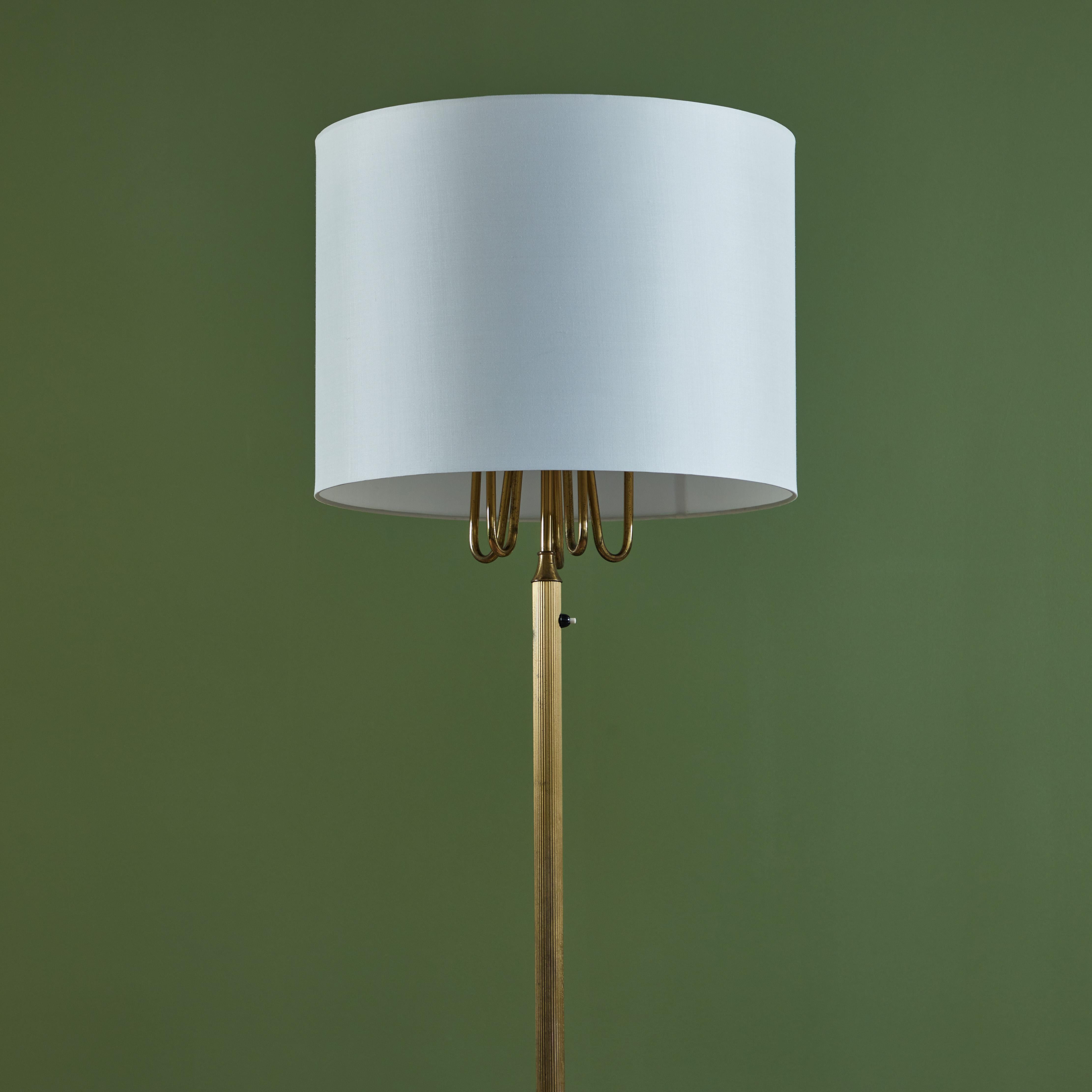 American Brass Candelabra Floor Lamp with Silk Shade For Sale