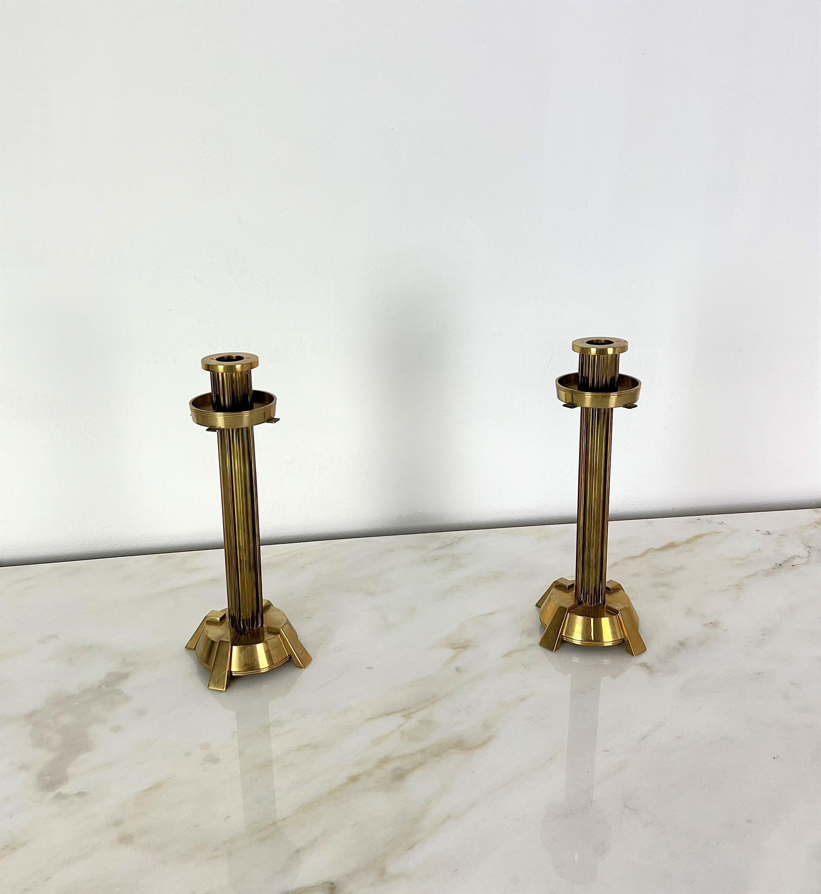 Mid-Century Modern Brass Candelabras Candle Holders Midcentury Italian Design 1970s Set of 2