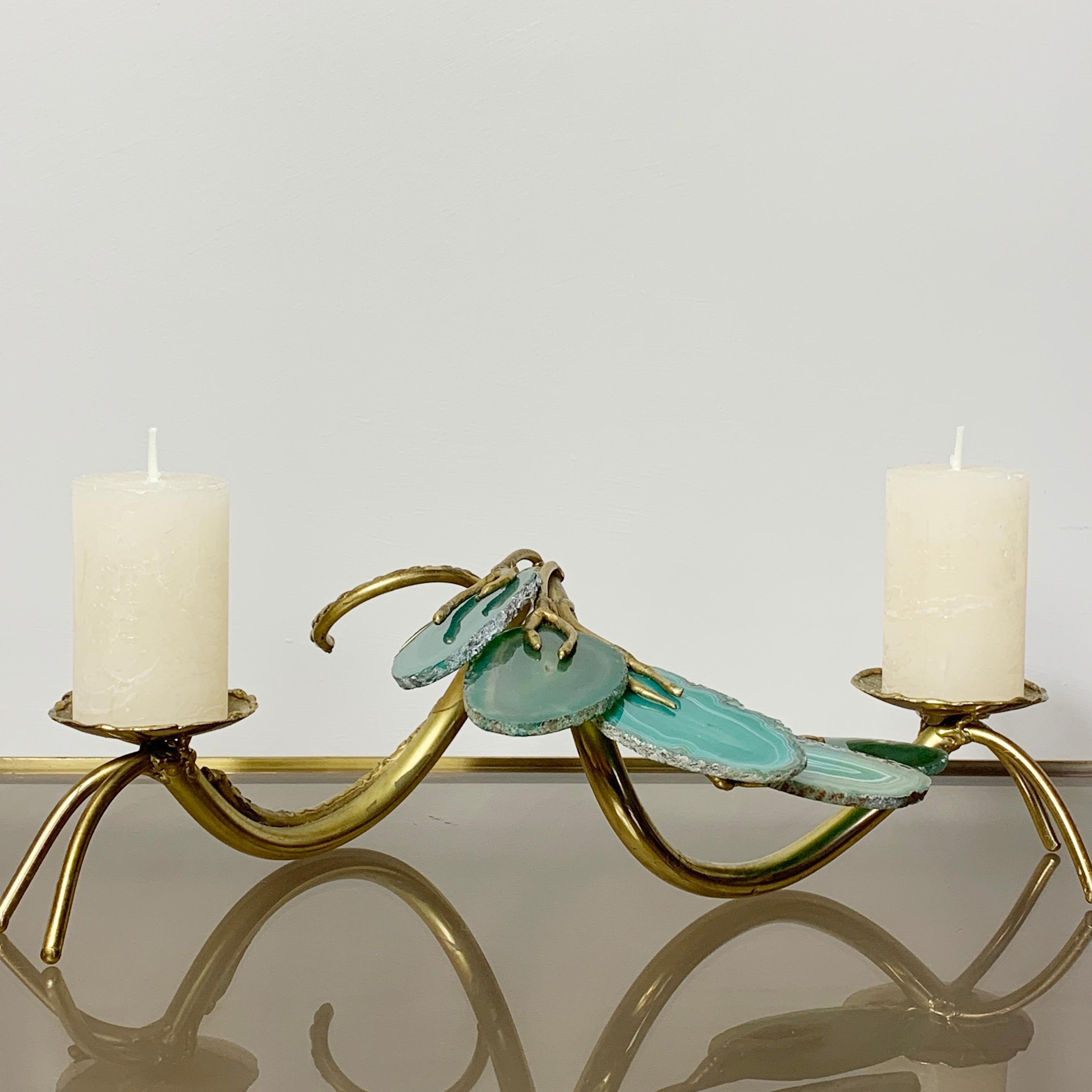Brass candleholder, Att Duval Brasseur
1970s
Fabulous handcrafted brass stand with delicate natural agate leaves
the leaves are all individual in soft tones of green with stunning patterns throughout
39cm width, 11cm height, 21cm depth, candle