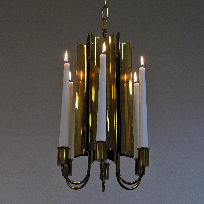 Brass Candleholder Chandelier by Pierre Forssell for Skultuna, Sweden, 1960s In Good Condition In Stockholm, SE