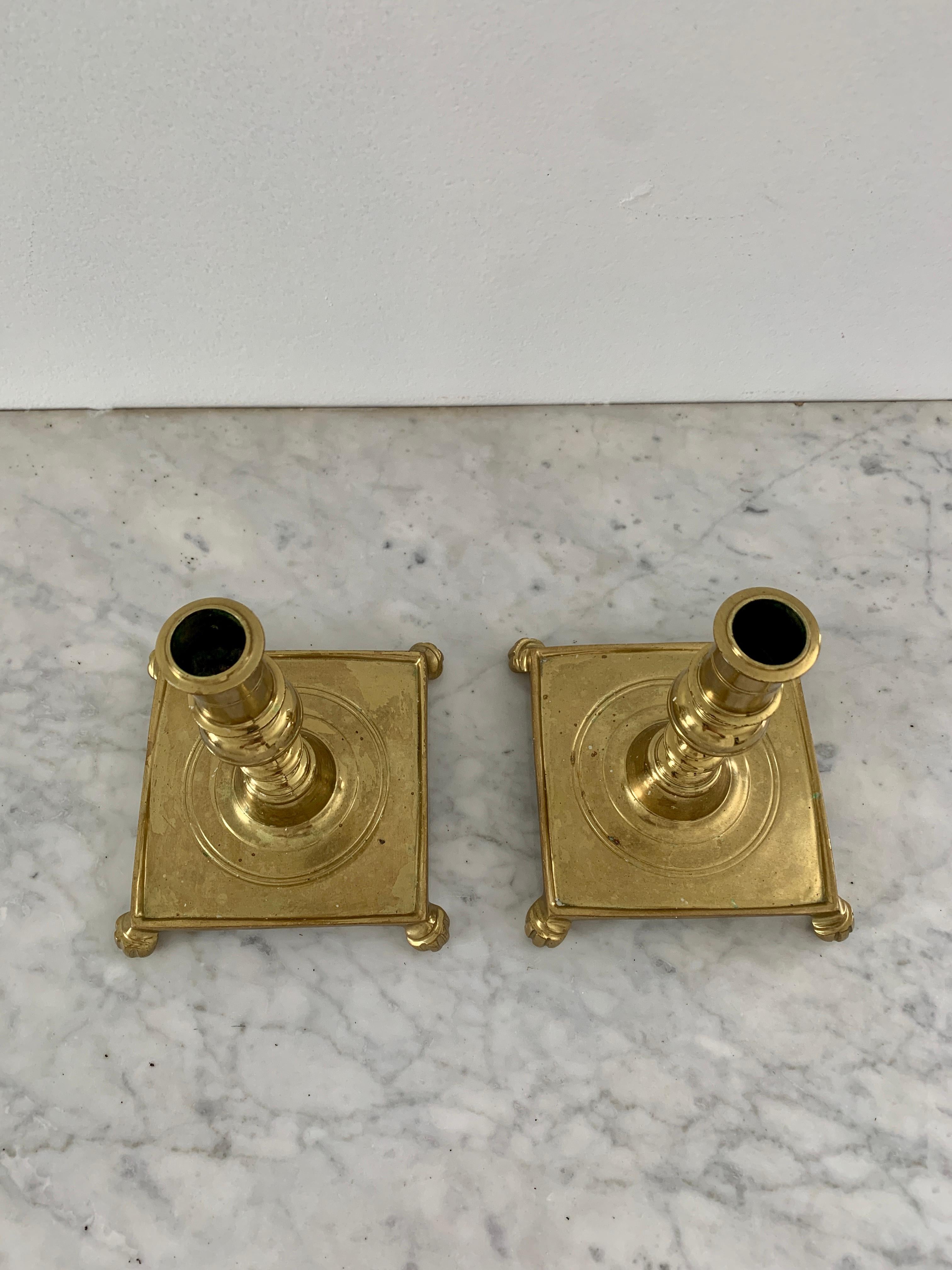 British Colonial Brass Candle Holders with Paw Feet, a Pair