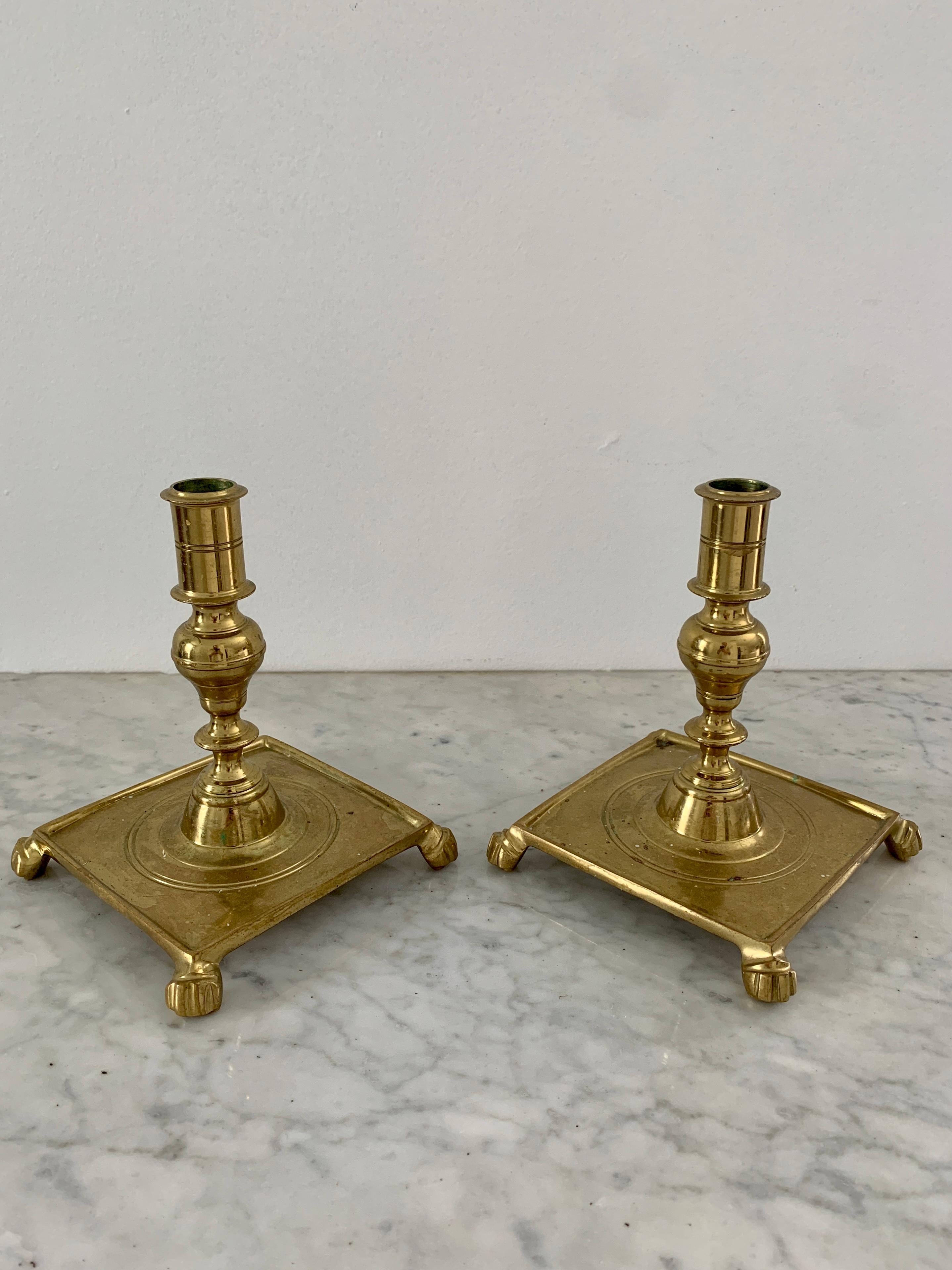 Brass Candle Holders with Paw Feet, a Pair In Good Condition In Elkhart, IN