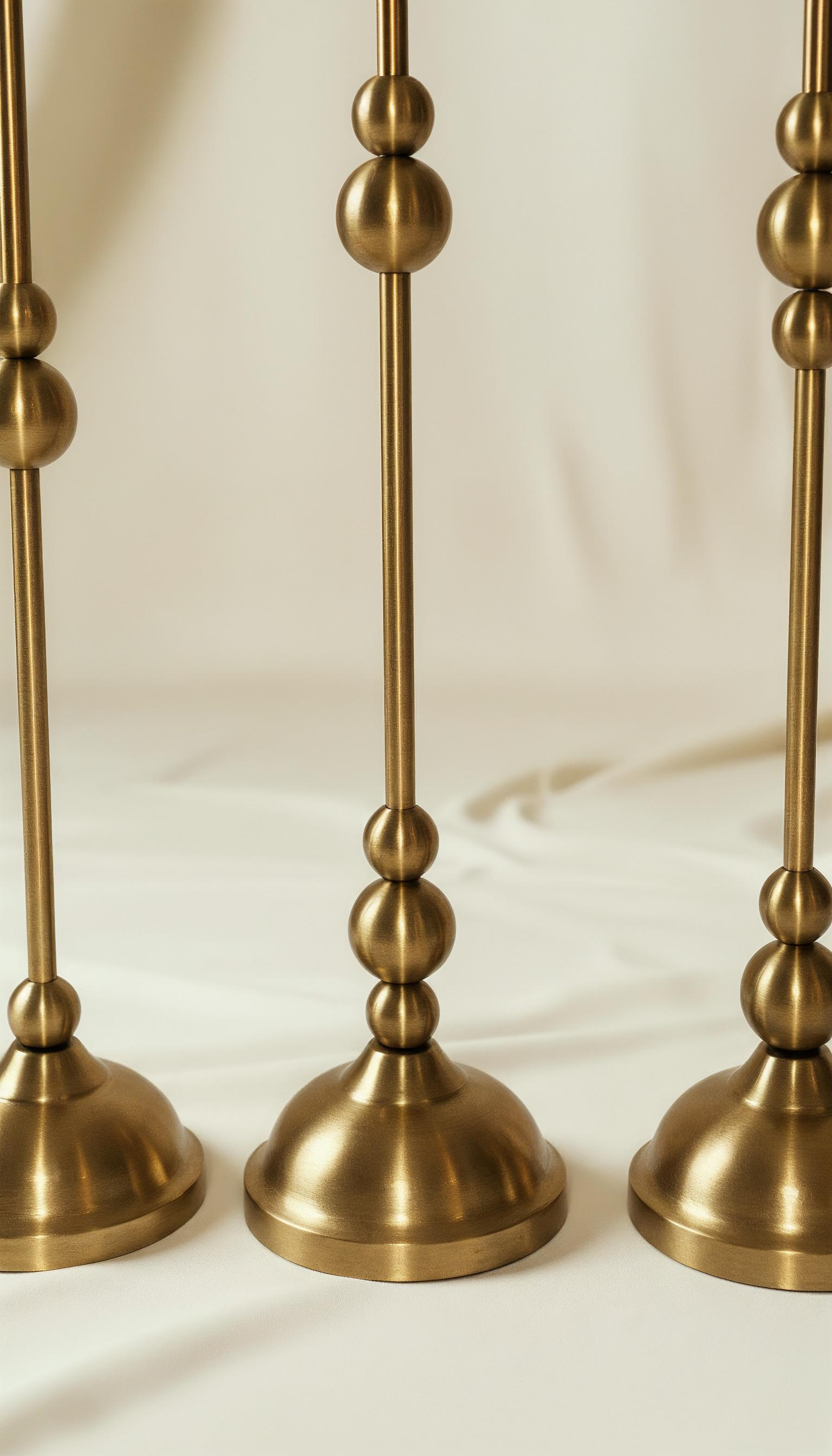 Asha II est un trio sculptural de chandeliers fabriqués à la main en laiton brossé, créé pour apporter un rituel tranquille dans les intérieurs contemporains. Chaque pièce s'élève dans une silhouette distincte, s'inspirant de la douce géométrie des