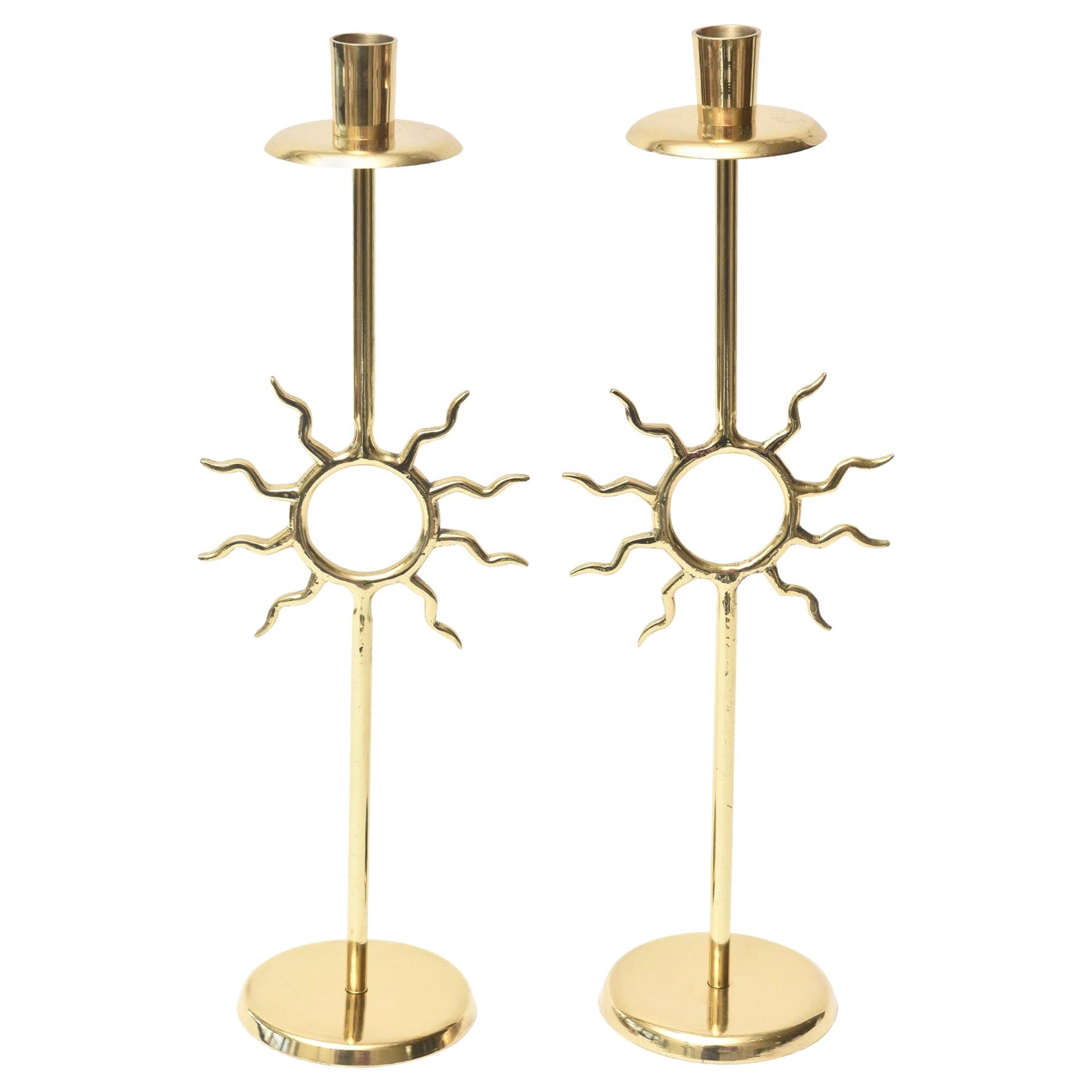 Brass Candlesticks Fornasetti Style with Sun Motif  Vintage Pair Of For Sale