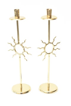 Vintage Candeleros De Latón Estilo Fornasetti Con Motivo Sol Pareja De Pulidos