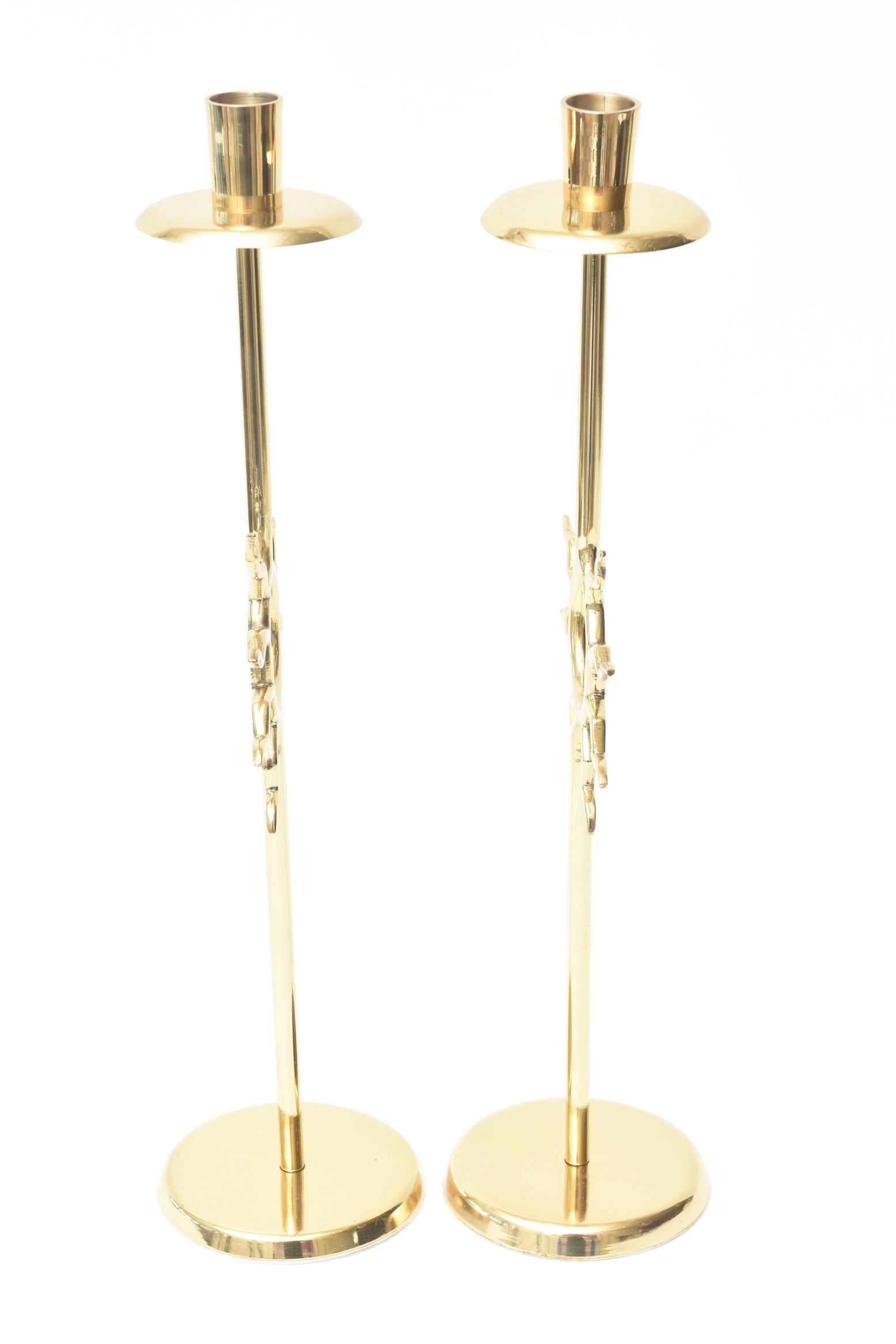 Brass Candlesticks Fornasetti Style with Sun Motif  Vintage Pair Of For Sale 2