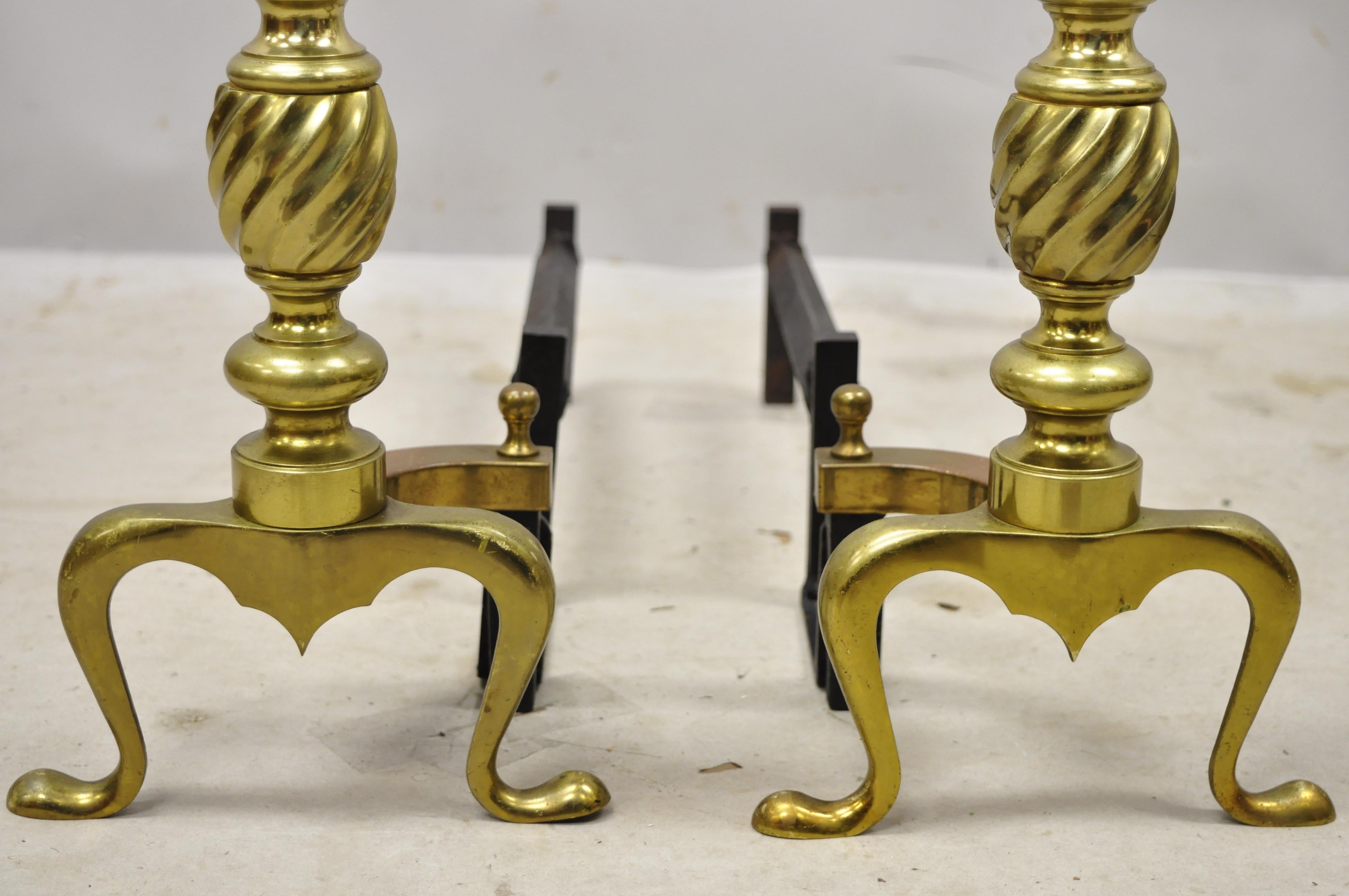 Federal Brass Cannonball Spiral Turned Shaft Cast Iron Andirons Fireplace Tools, a Pair