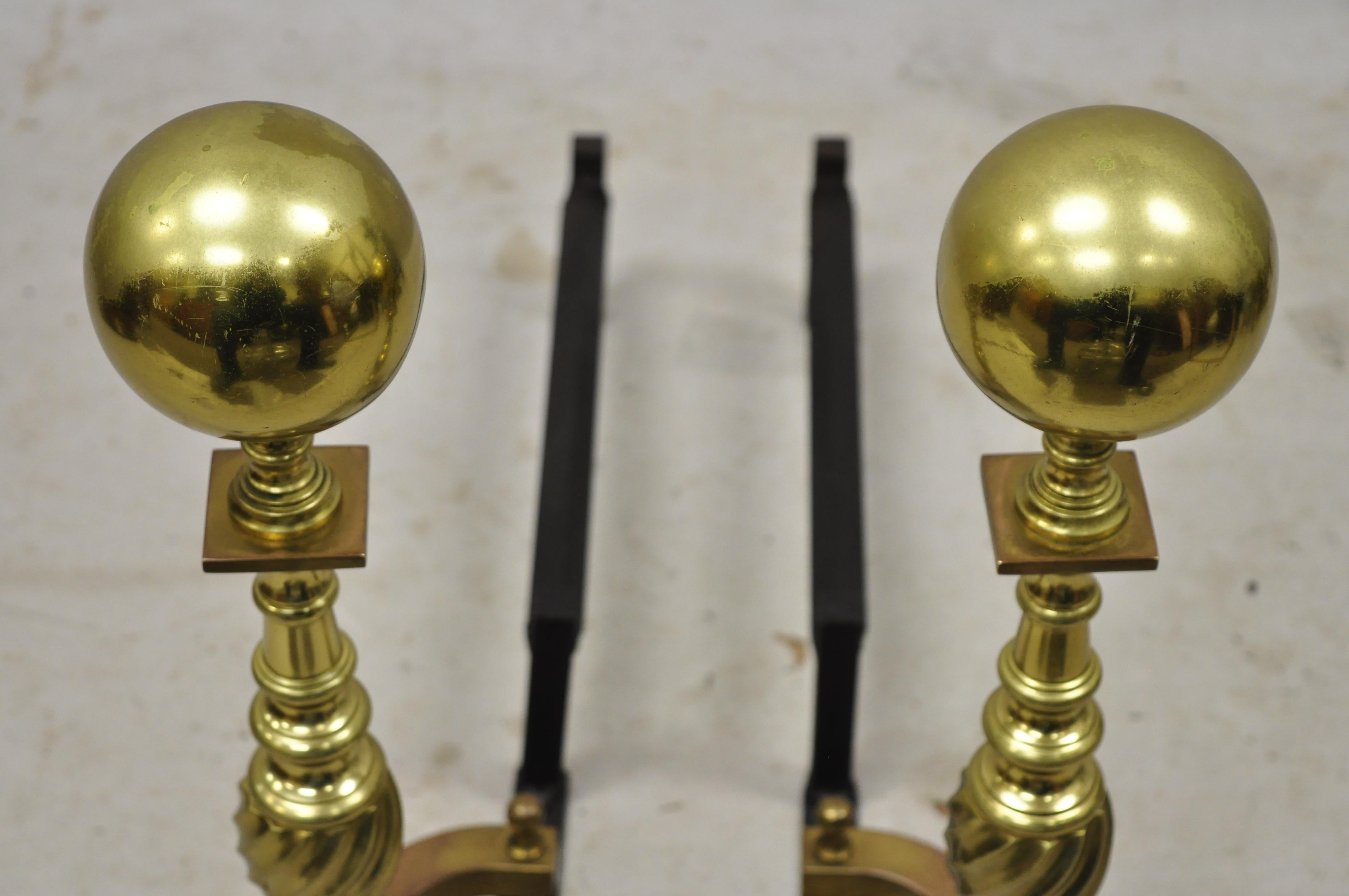 North American Brass Cannonball Spiral Turned Shaft Cast Iron Andirons Fireplace Tools, a Pair