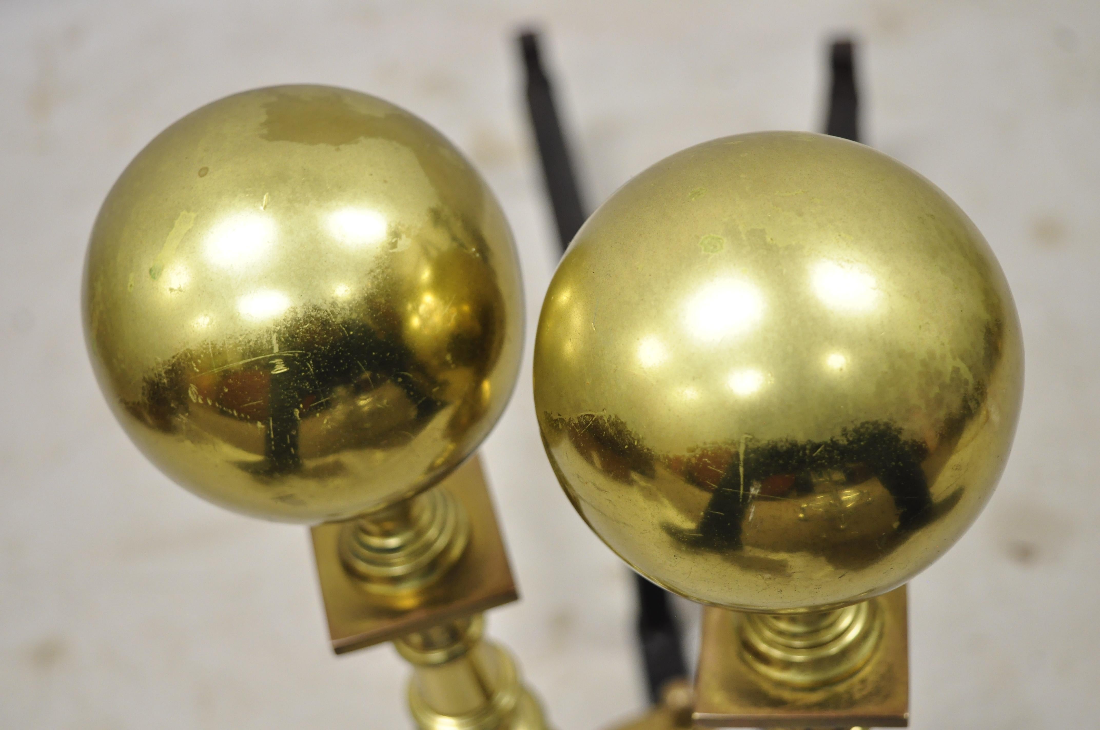 Brass Cannonball Spiral Turned Shaft Cast Iron Andirons Fireplace Tools, a Pair In Good Condition In Philadelphia, PA