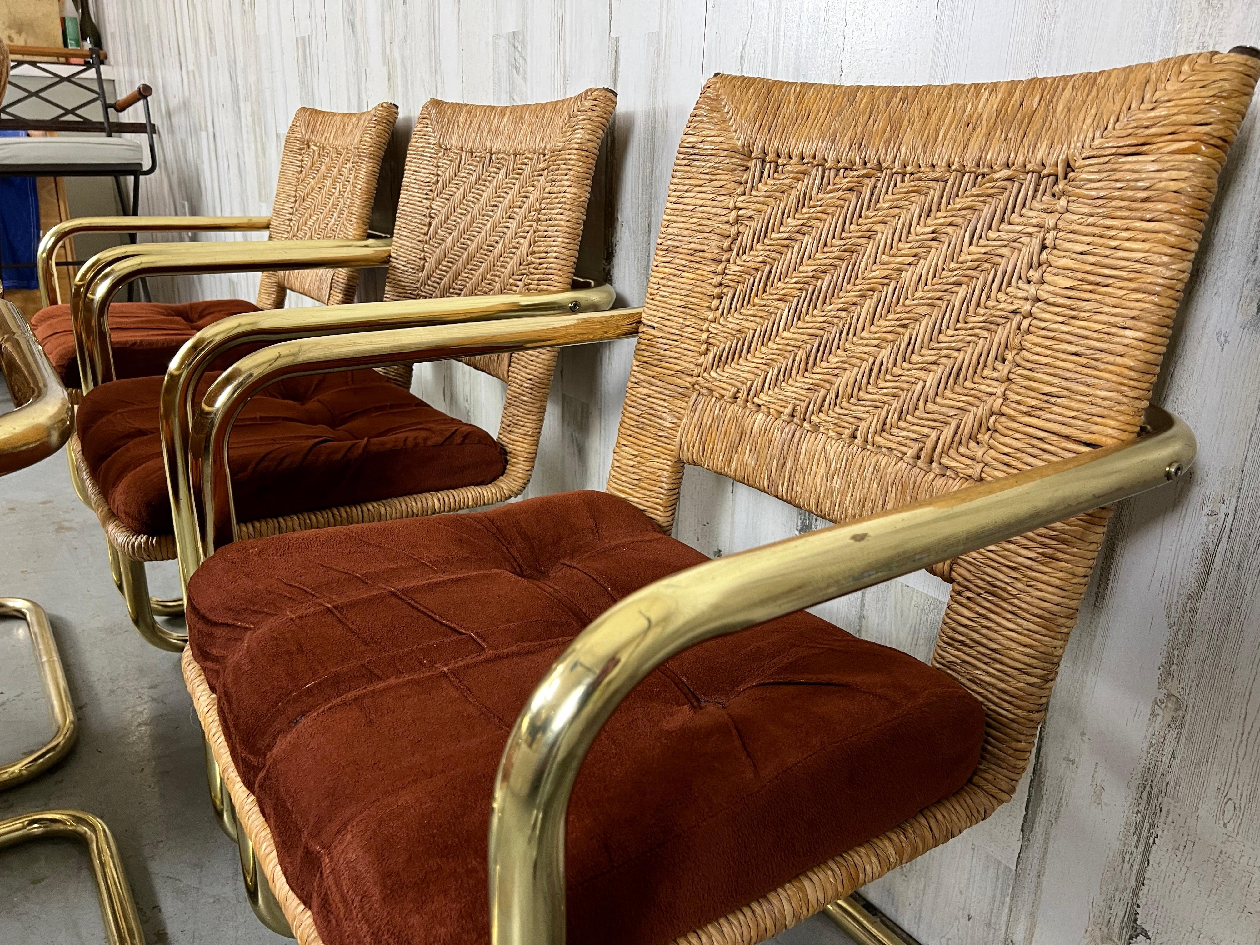 Brass Cantilever Dining Chairs with Woven Rush  3