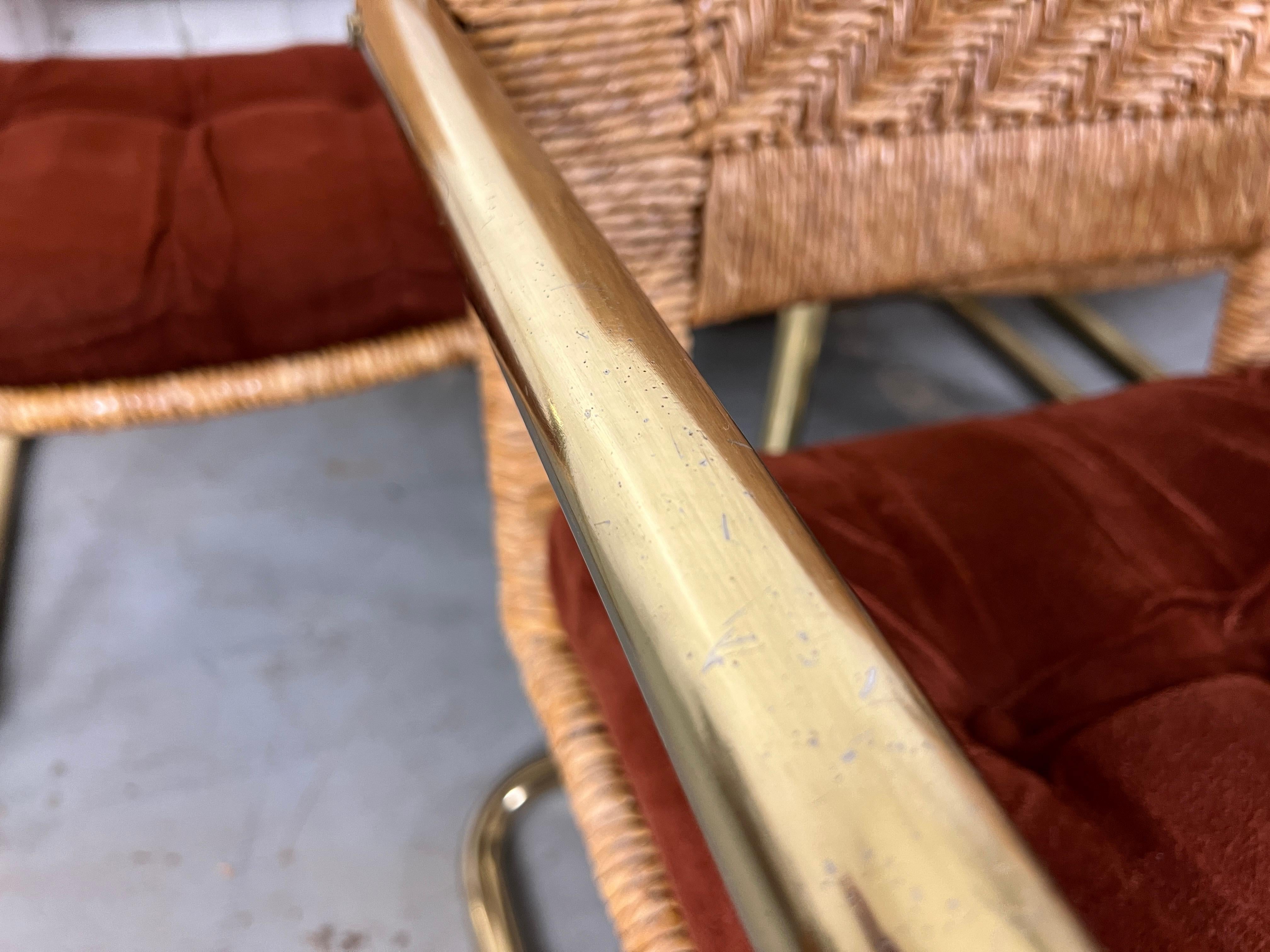Brass Cantilever Dining Chairs with Woven Rush 4