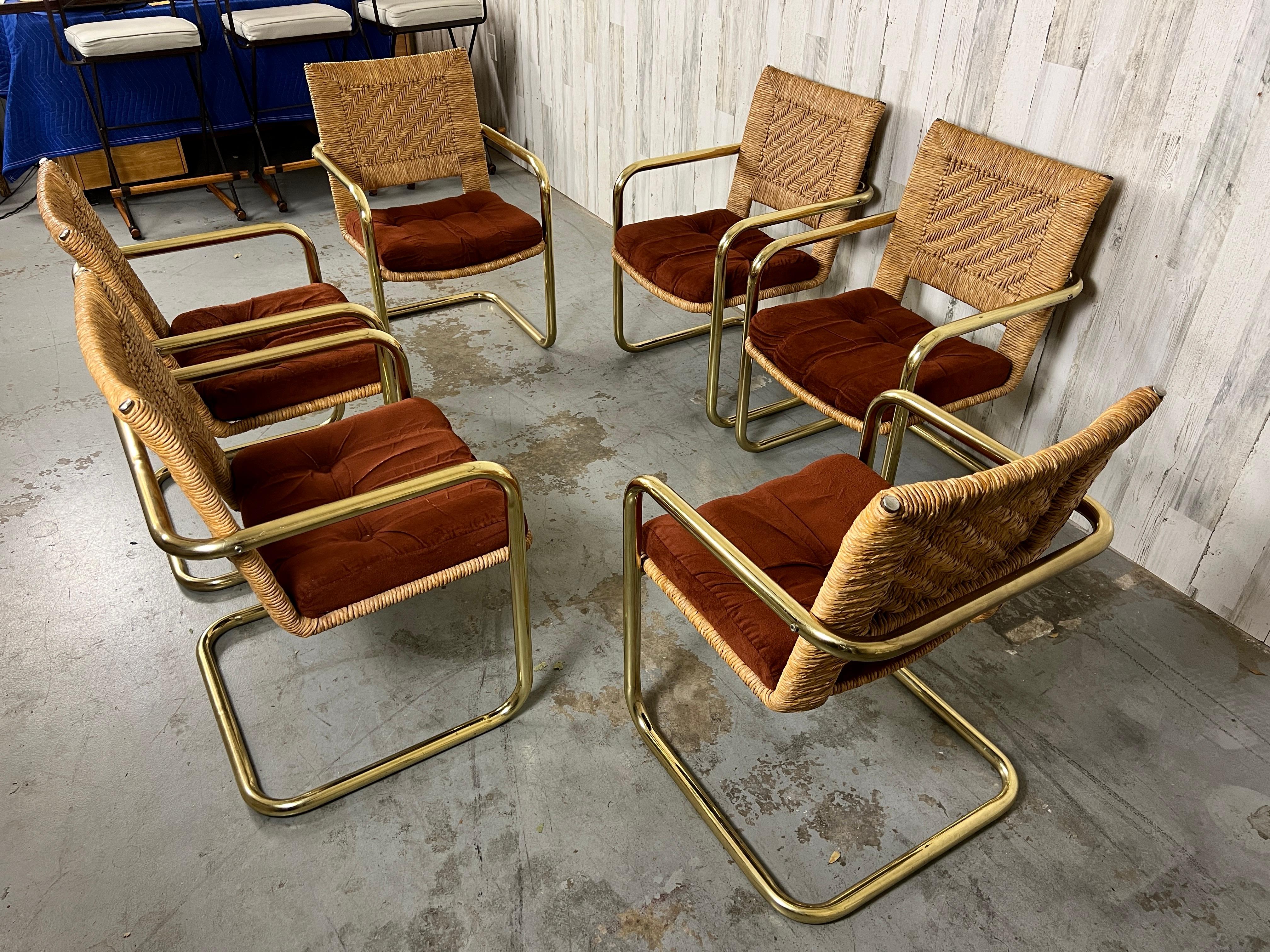 Brass Cantilever Dining Chairs with Woven Rush 5
