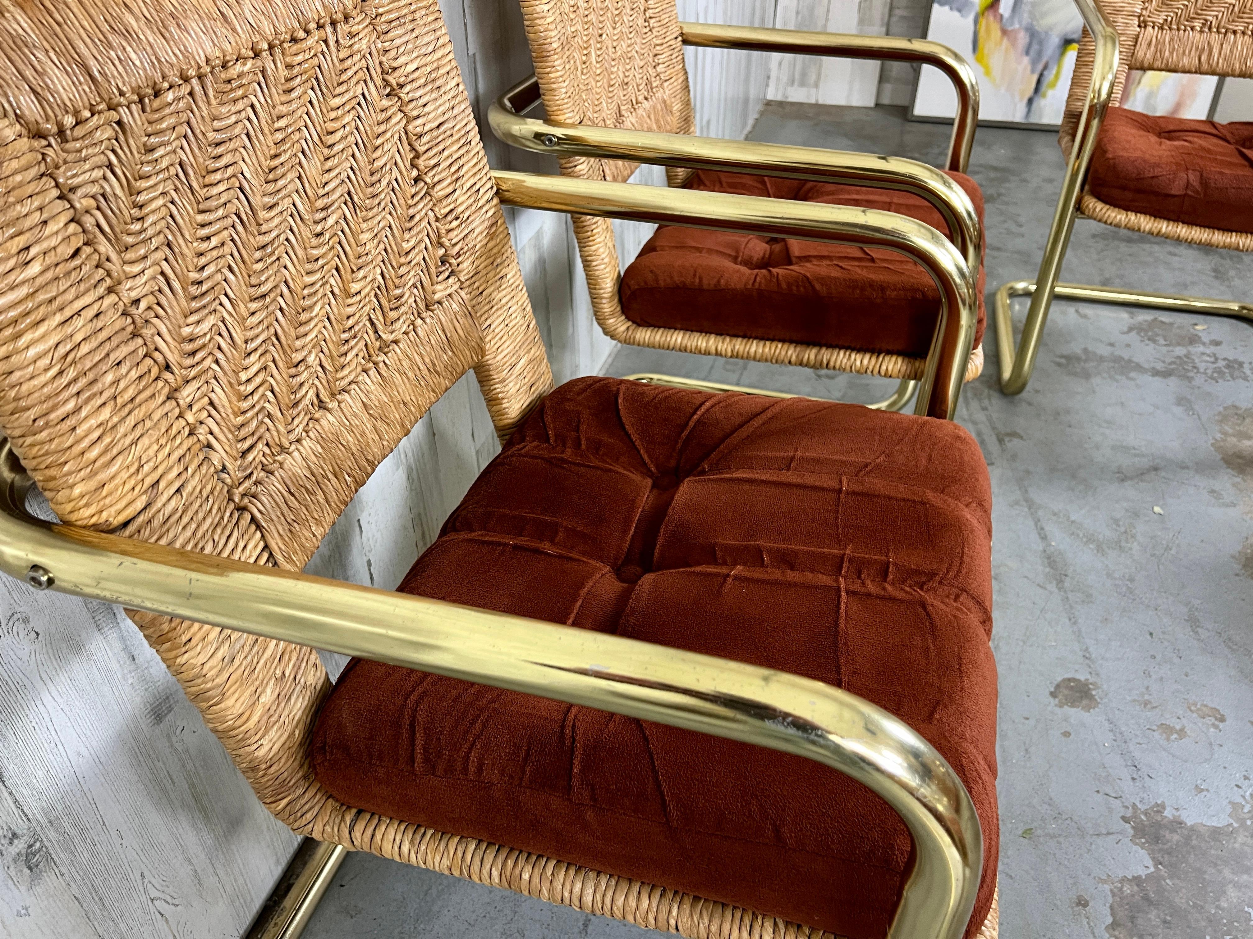 Brass Cantilever Dining Chairs with Woven Rush  7