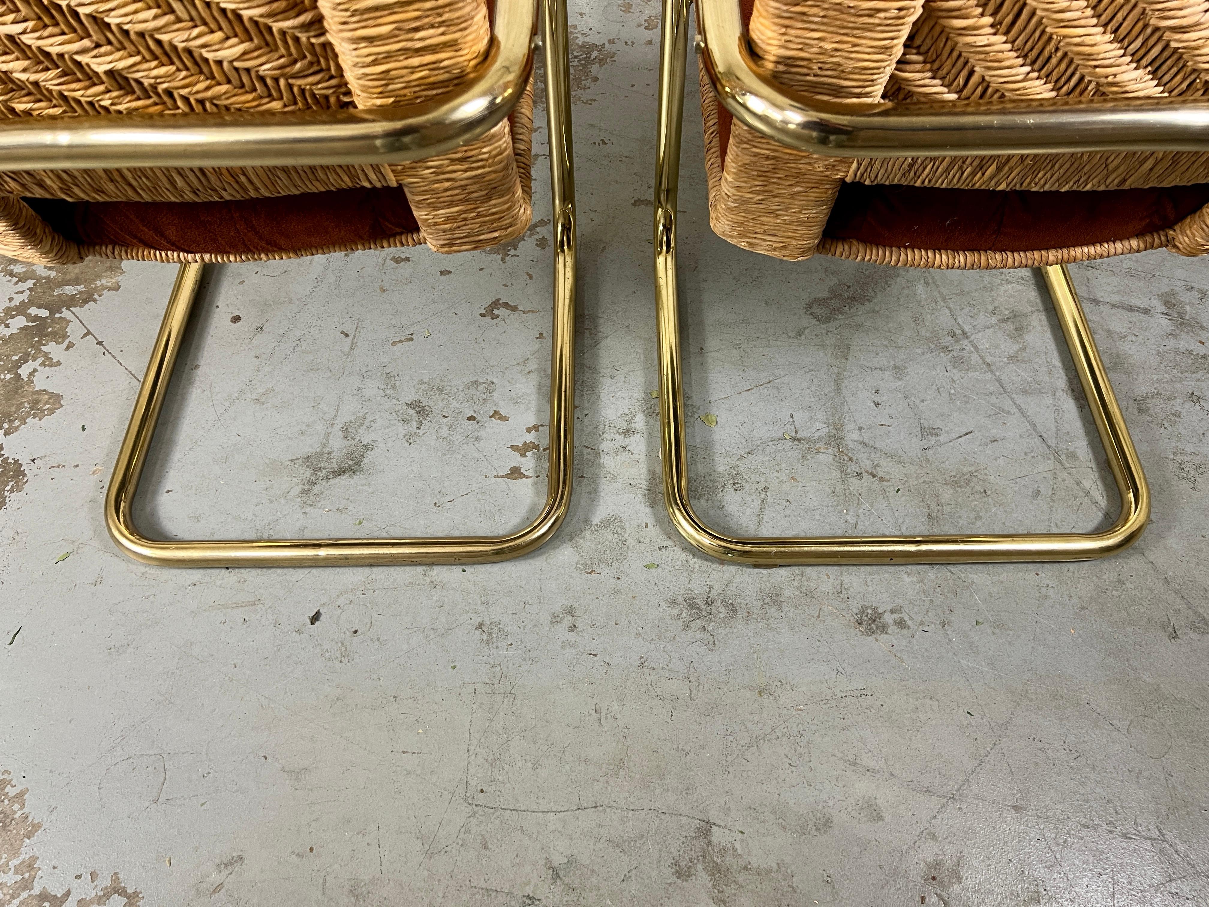 Brass Cantilever Dining Chairs with Woven Rush  8
