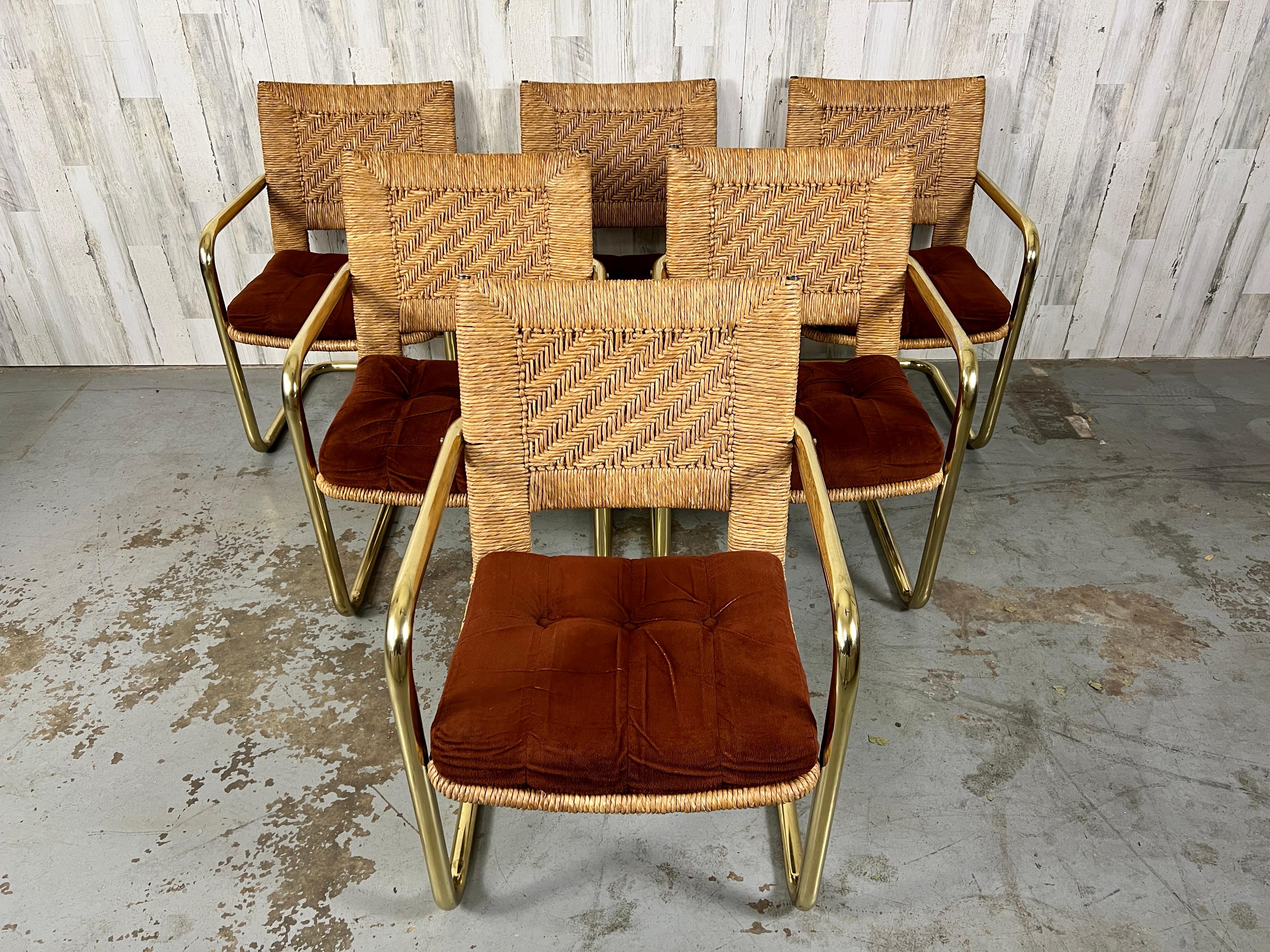 Brass Cantilever Dining Chairs with Woven Rush  9